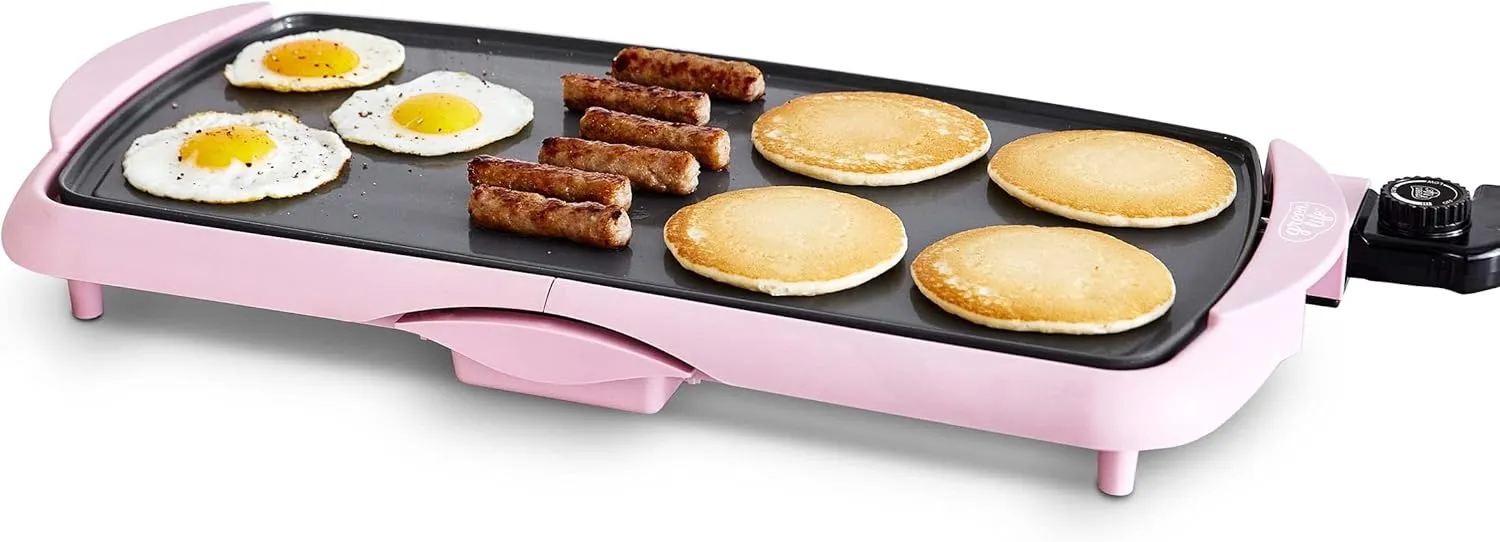 GreenLife 20” Extra Large Electric Griddle, Non-Toxic PFAS & PFOA-Free Ceramic Nonstick, Temperature Control, Quick Even Heating, Removable Drip Tray, Pancakes, Eggs, Sausage, Easy Clean, Pink