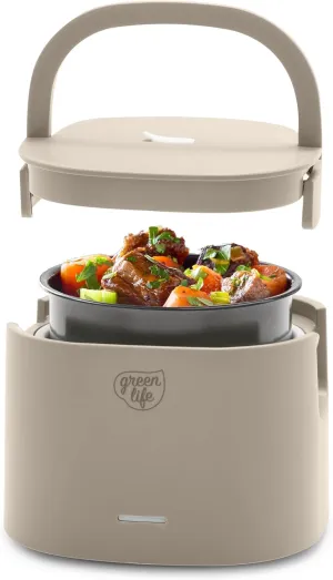 GreenLife 20oz Electric Lunch Box Food & Soup Warmer, PFAS & PFOA-Free Ceramic Nonstick Interior, Portable for Travel & Office, Spill-Proof Lid, Removable Bowl, Dishwasher Safe, Taupe