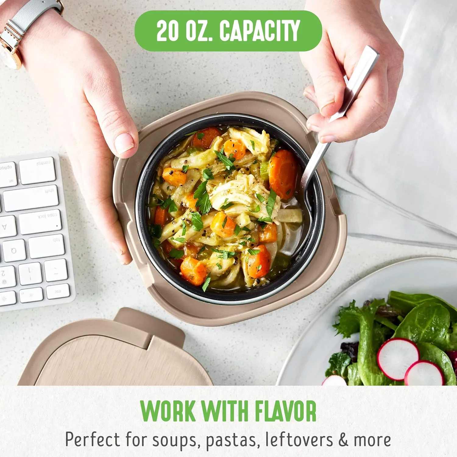GreenLife 20oz Electric Lunch Box Food & Soup Warmer, PFAS & PFOA-Free Ceramic Nonstick Interior, Portable for Travel & Office, Spill-Proof Lid, Removable Bowl, Dishwasher Safe, Taupe