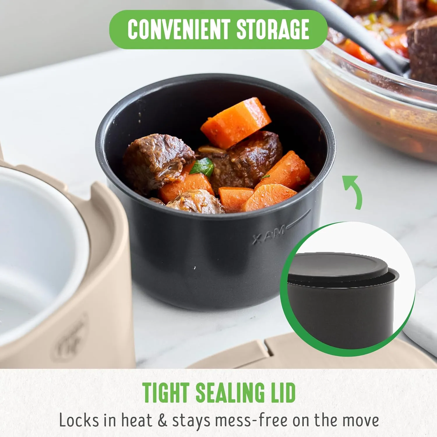 GreenLife 20oz Electric Lunch Box Food & Soup Warmer, PFAS & PFOA-Free Ceramic Nonstick Interior, Portable for Travel & Office, Spill-Proof Lid, Removable Bowl, Dishwasher Safe, Taupe