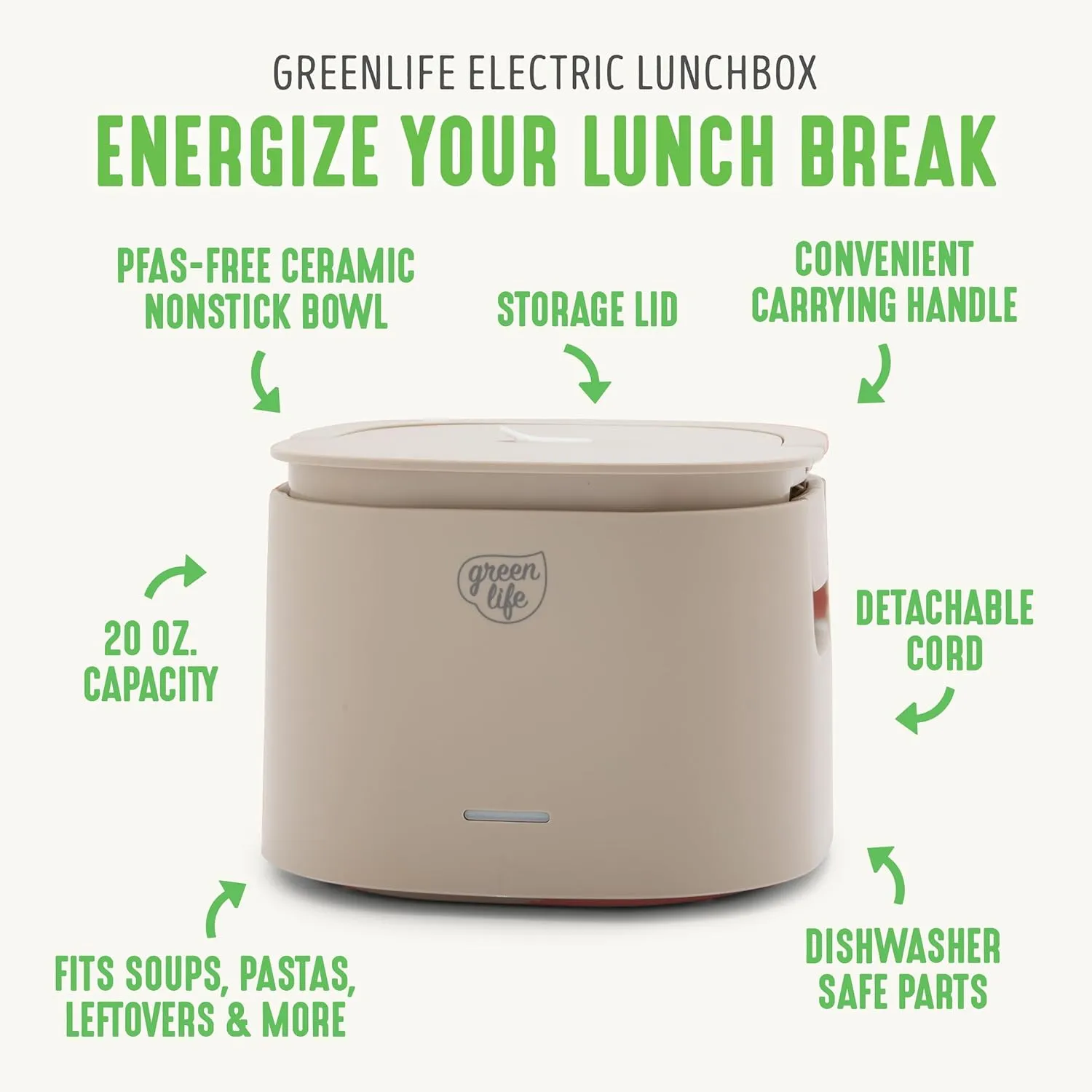 GreenLife 20oz Electric Lunch Box Food & Soup Warmer, PFAS & PFOA-Free Ceramic Nonstick Interior, Portable for Travel & Office, Spill-Proof Lid, Removable Bowl, Dishwasher Safe, Taupe