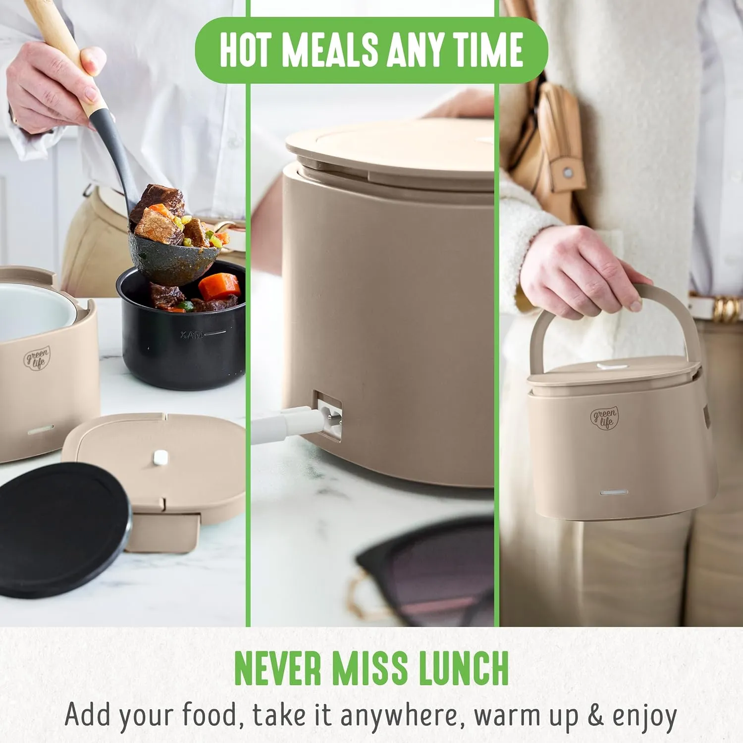 GreenLife 20oz Electric Lunch Box Food & Soup Warmer, PFAS & PFOA-Free Ceramic Nonstick Interior, Portable for Travel & Office, Spill-Proof Lid, Removable Bowl, Dishwasher Safe, Taupe