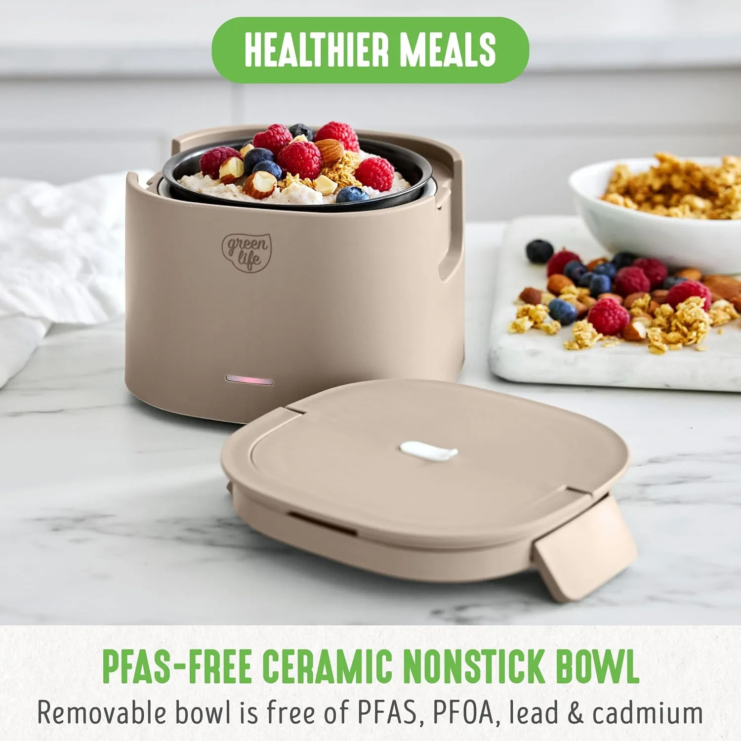 GreenLife 20oz Electric Lunch Box Food & Soup Warmer, PFAS & PFOA-Free Ceramic Nonstick Interior, Portable for Travel & Office, Spill-Proof Lid, Removable Bowl, Dishwasher Safe, Taupe
