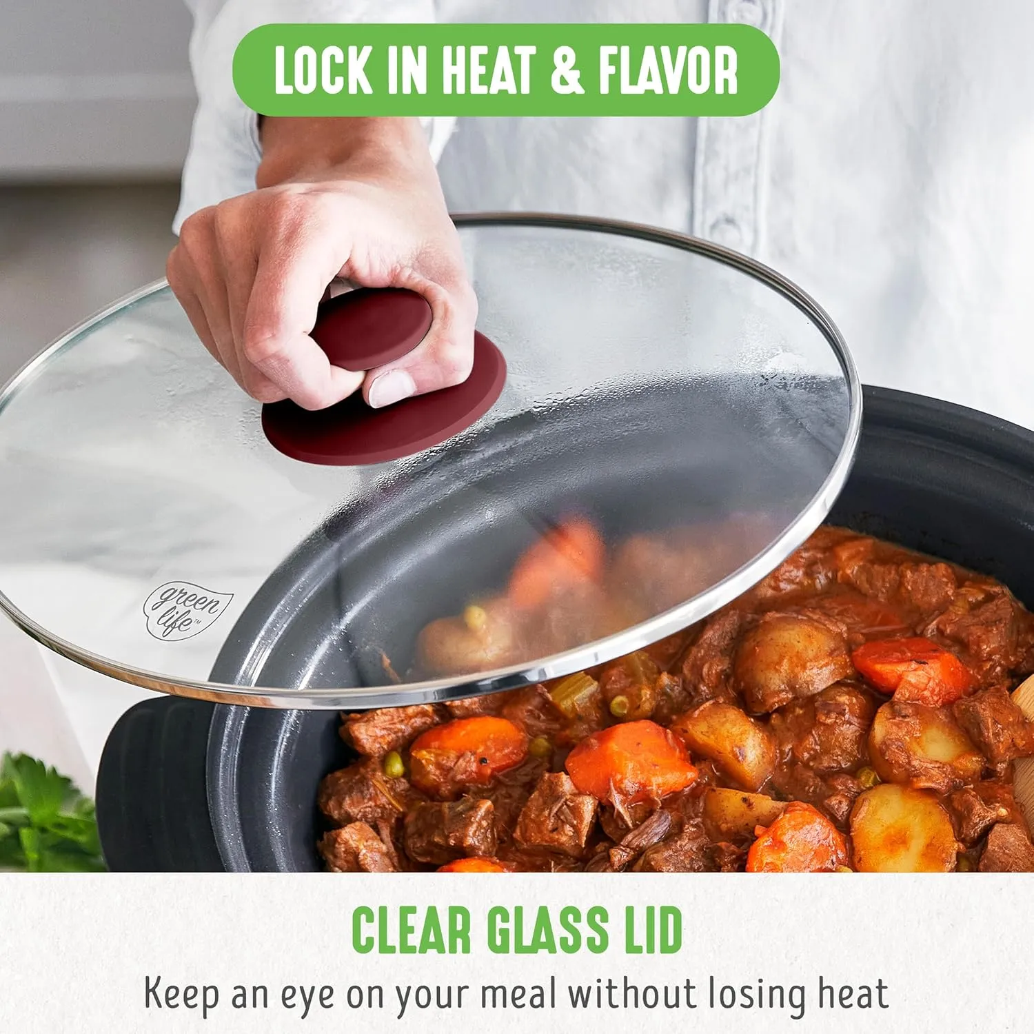 GreenLife 6 Quart Ceramic Slow Cooker, PFAS-Free, Programmable, Removable Healthy Nonstick Pot for Family Meals, Sear on Stovetop, Keep Warm, Digital Timer, Dishwasher Safe Glass Lid & Crock, Red