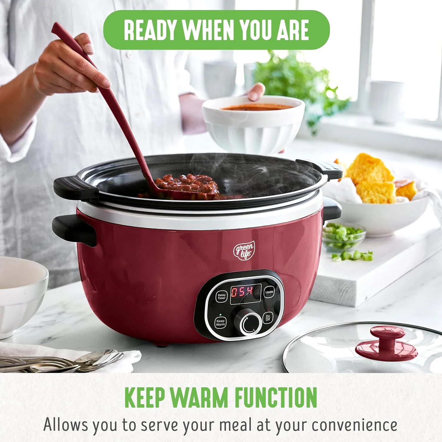 GreenLife 6 Quart Ceramic Slow Cooker, PFAS-Free, Programmable, Removable Healthy Nonstick Pot for Family Meals, Sear on Stovetop, Keep Warm, Digital Timer, Dishwasher Safe Glass Lid & Crock, Red
