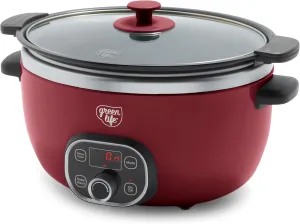 GreenLife 6 Quart Ceramic Slow Cooker, PFAS-Free, Programmable, Removable Healthy Nonstick Pot for Family Meals, Sear on Stovetop, Keep Warm, Digital Timer, Dishwasher Safe Glass Lid & Crock, Red