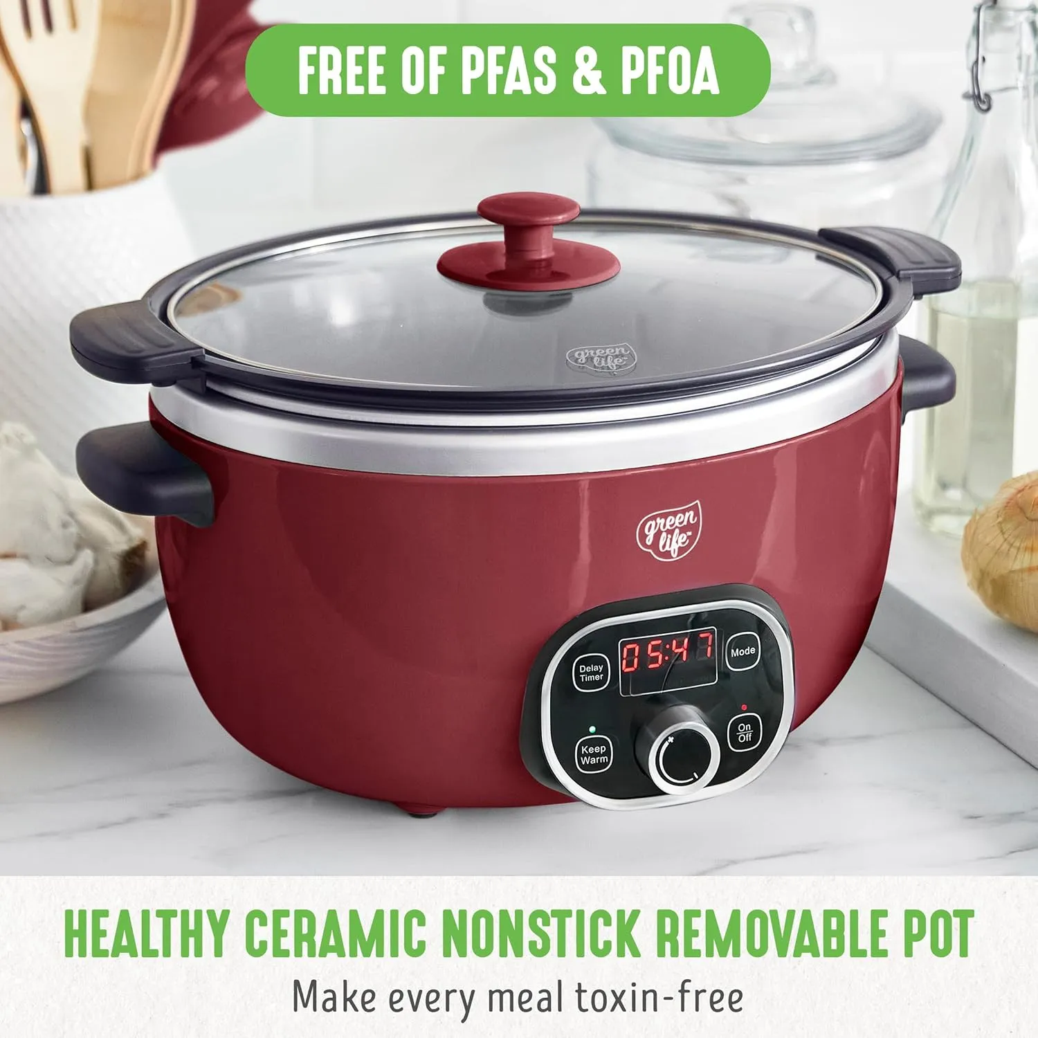 GreenLife 6 Quart Ceramic Slow Cooker, PFAS-Free, Programmable, Removable Healthy Nonstick Pot for Family Meals, Sear on Stovetop, Keep Warm, Digital Timer, Dishwasher Safe Glass Lid & Crock, Red