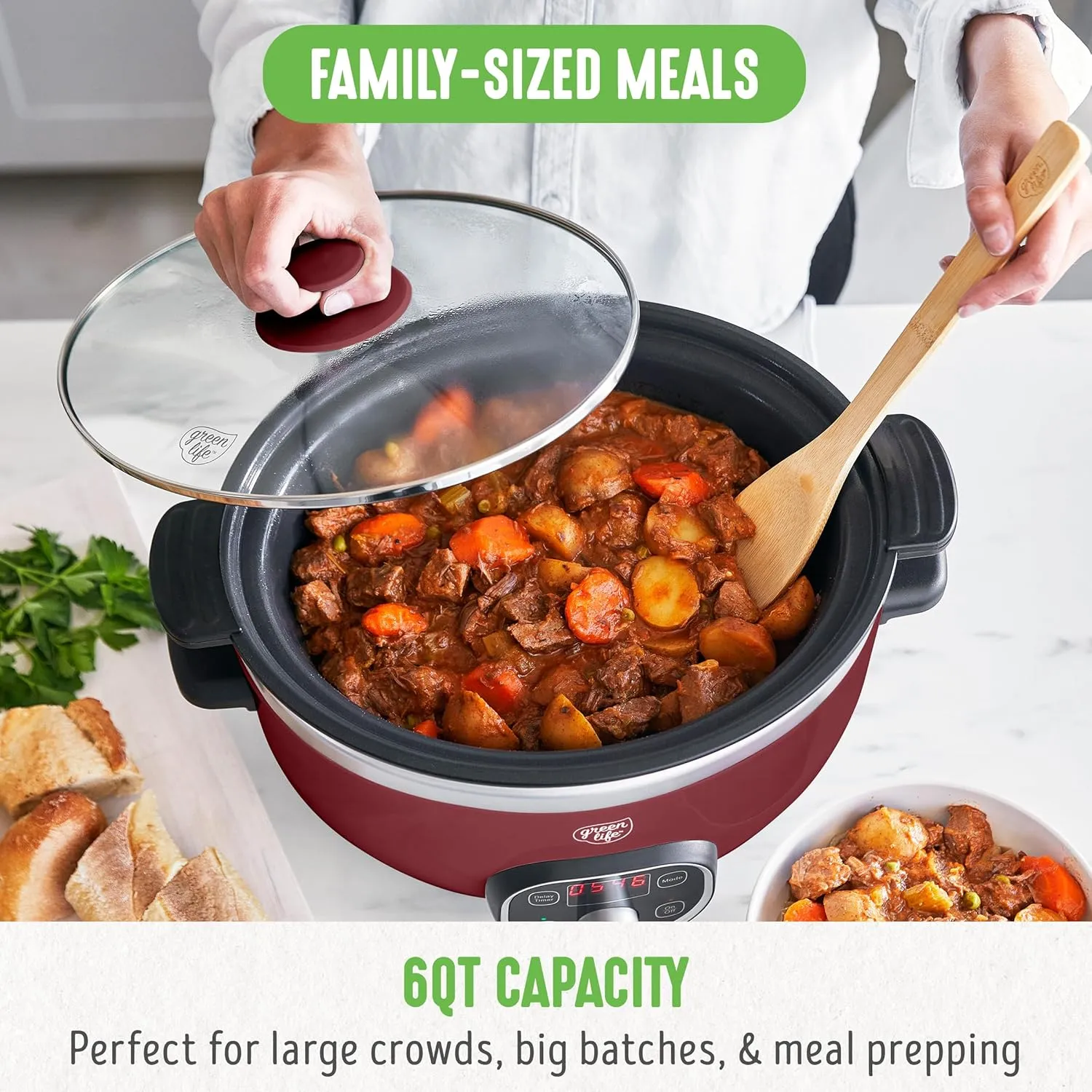 GreenLife 6 Quart Ceramic Slow Cooker, PFAS-Free, Programmable, Removable Healthy Nonstick Pot for Family Meals, Sear on Stovetop, Keep Warm, Digital Timer, Dishwasher Safe Glass Lid & Crock, Red
