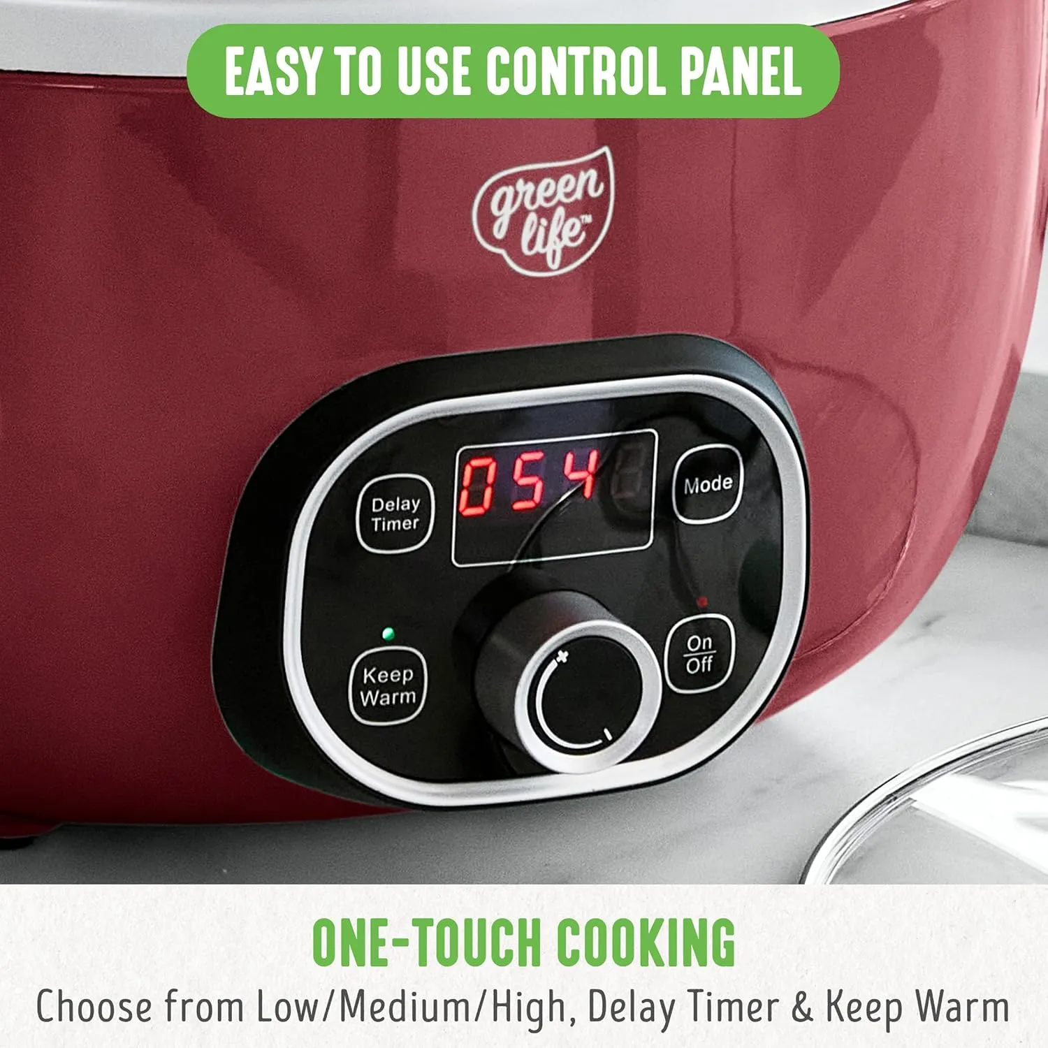 GreenLife 6 Quart Ceramic Slow Cooker, PFAS-Free, Programmable, Removable Healthy Nonstick Pot for Family Meals, Sear on Stovetop, Keep Warm, Digital Timer, Dishwasher Safe Glass Lid & Crock, Red