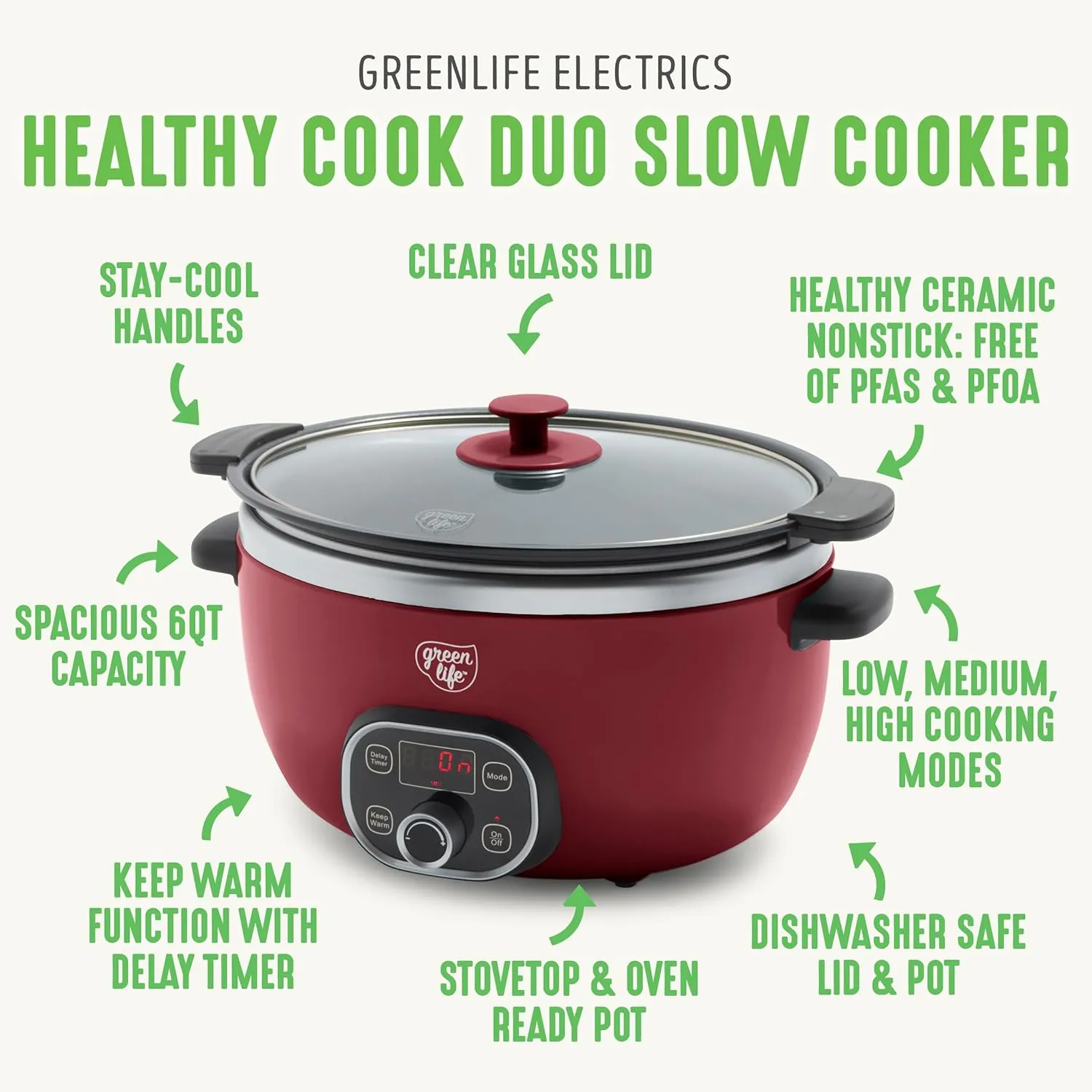 GreenLife 6 Quart Ceramic Slow Cooker, PFAS-Free, Programmable, Removable Healthy Nonstick Pot for Family Meals, Sear on Stovetop, Keep Warm, Digital Timer, Dishwasher Safe Glass Lid & Crock, Red