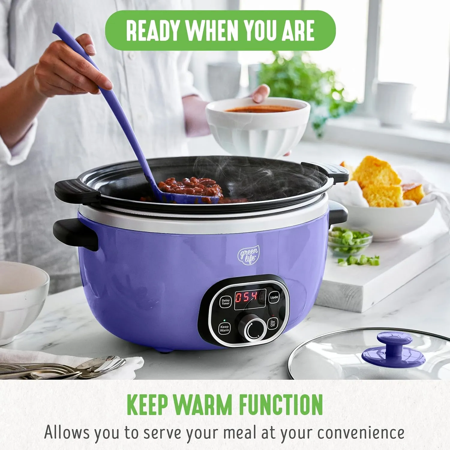 GreenLife 6 Quart Ceramic Slow Cooker, PFAS-Free, Programmable, Removable Healthy Nonstick Pot for Family Meals, Sear on Stovetop, Keep Warm, Digital Timer, Dishwasher Safe Glass Lid, Periwinkle