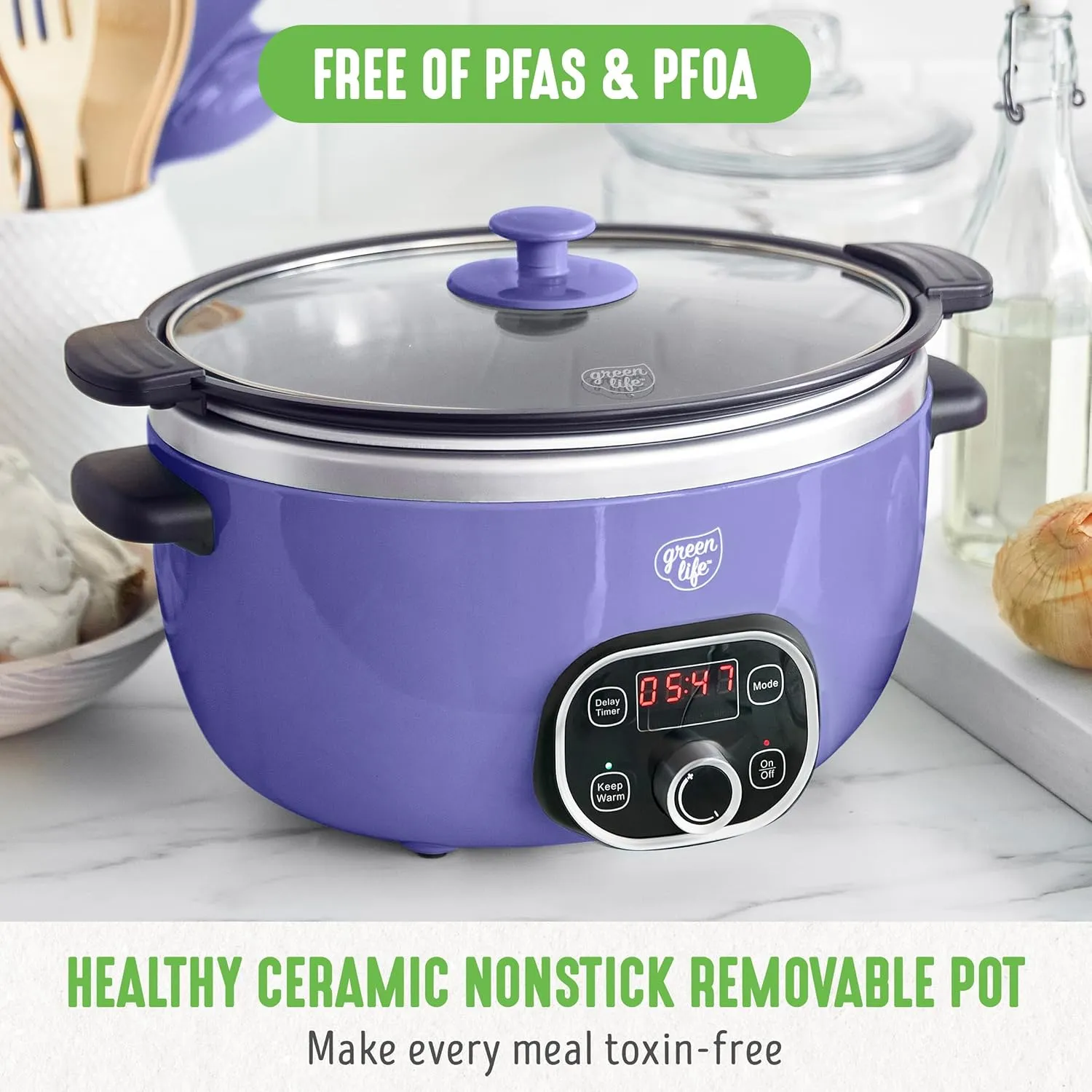 GreenLife 6 Quart Ceramic Slow Cooker, PFAS-Free, Programmable, Removable Healthy Nonstick Pot for Family Meals, Sear on Stovetop, Keep Warm, Digital Timer, Dishwasher Safe Glass Lid, Periwinkle