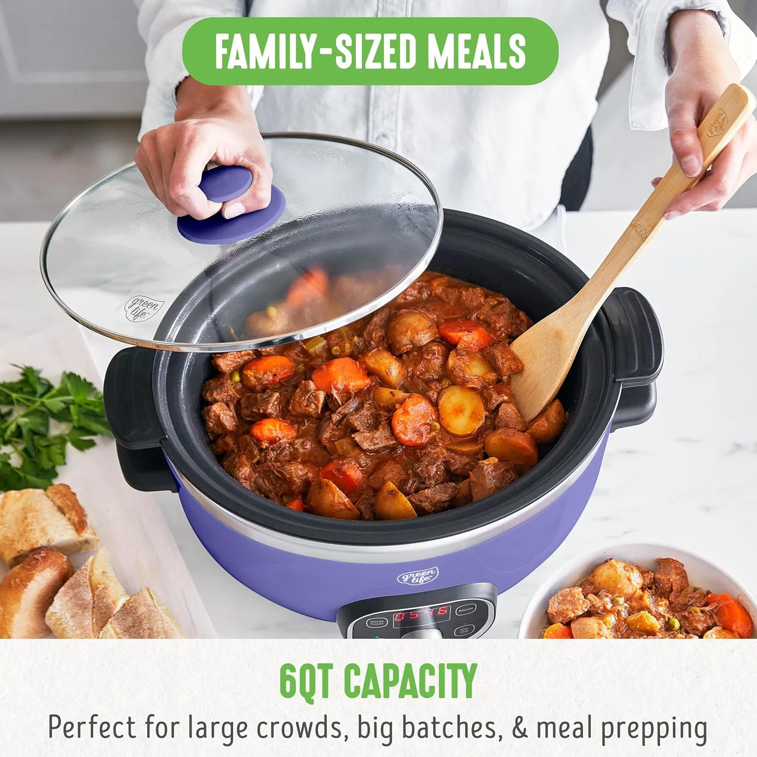 GreenLife 6 Quart Ceramic Slow Cooker, PFAS-Free, Programmable, Removable Healthy Nonstick Pot for Family Meals, Sear on Stovetop, Keep Warm, Digital Timer, Dishwasher Safe Glass Lid, Periwinkle