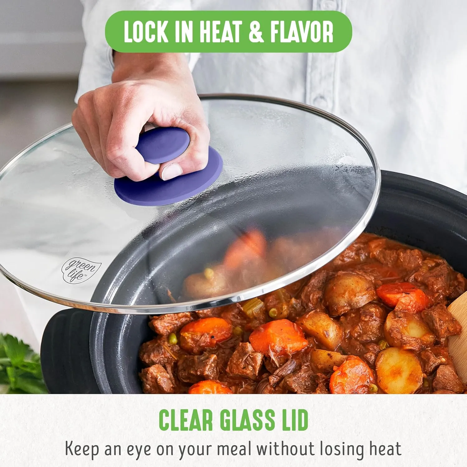 GreenLife 6 Quart Ceramic Slow Cooker, PFAS-Free, Programmable, Removable Healthy Nonstick Pot for Family Meals, Sear on Stovetop, Keep Warm, Digital Timer, Dishwasher Safe Glass Lid, Periwinkle