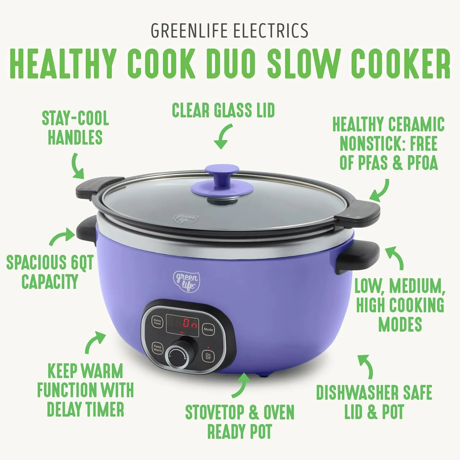GreenLife 6 Quart Ceramic Slow Cooker, PFAS-Free, Programmable, Removable Healthy Nonstick Pot for Family Meals, Sear on Stovetop, Keep Warm, Digital Timer, Dishwasher Safe Glass Lid, Periwinkle