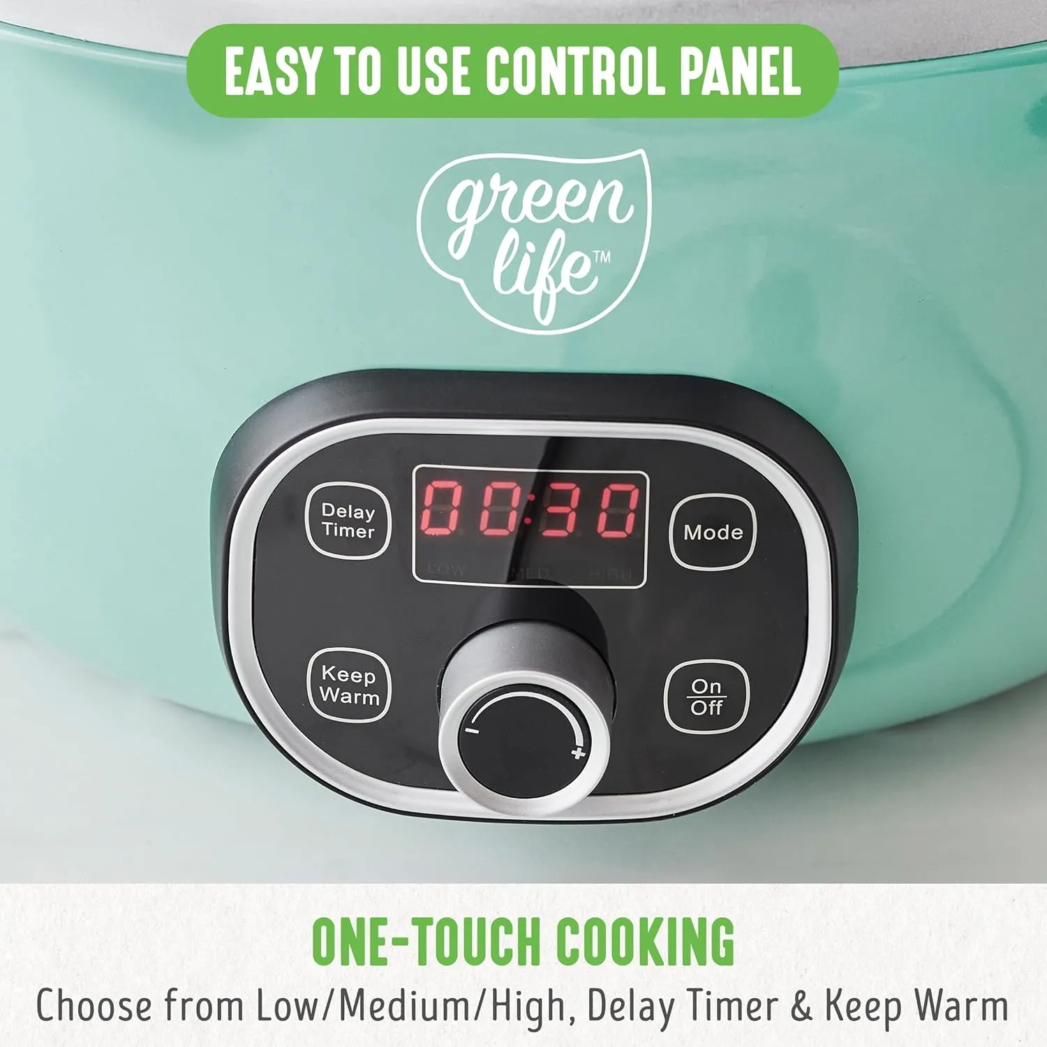 GreenLife 6 Quart Ceramic Slow Cooker, PFAS-Free, Programmable, Removable Healthy Nonstick Pot for Family Meals, Sear on Stovetop, Keep Warm, Digital Timer, Dishwasher Safe Glass Lid, Turquoise