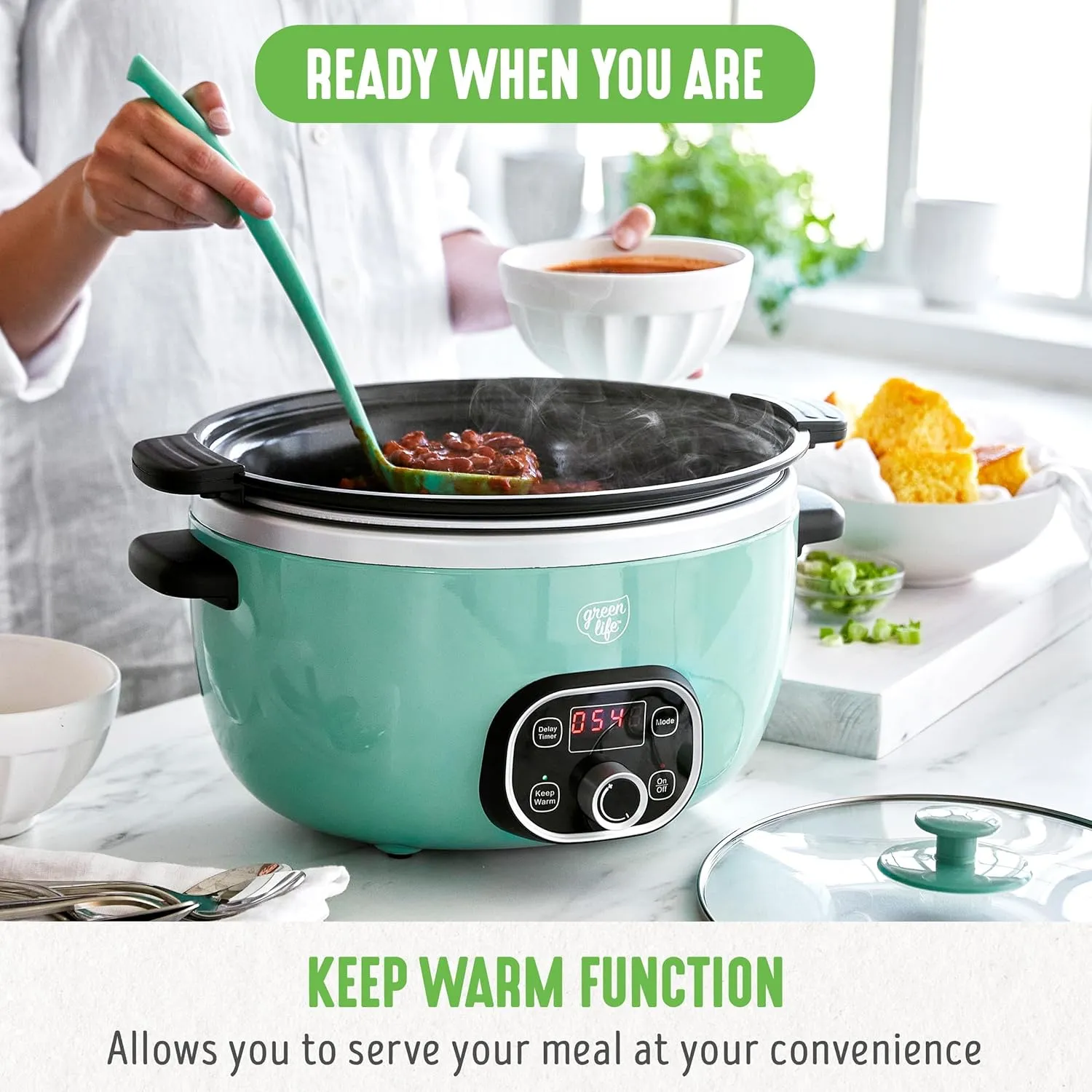 GreenLife 6 Quart Ceramic Slow Cooker, PFAS-Free, Programmable, Removable Healthy Nonstick Pot for Family Meals, Sear on Stovetop, Keep Warm, Digital Timer, Dishwasher Safe Glass Lid, Turquoise