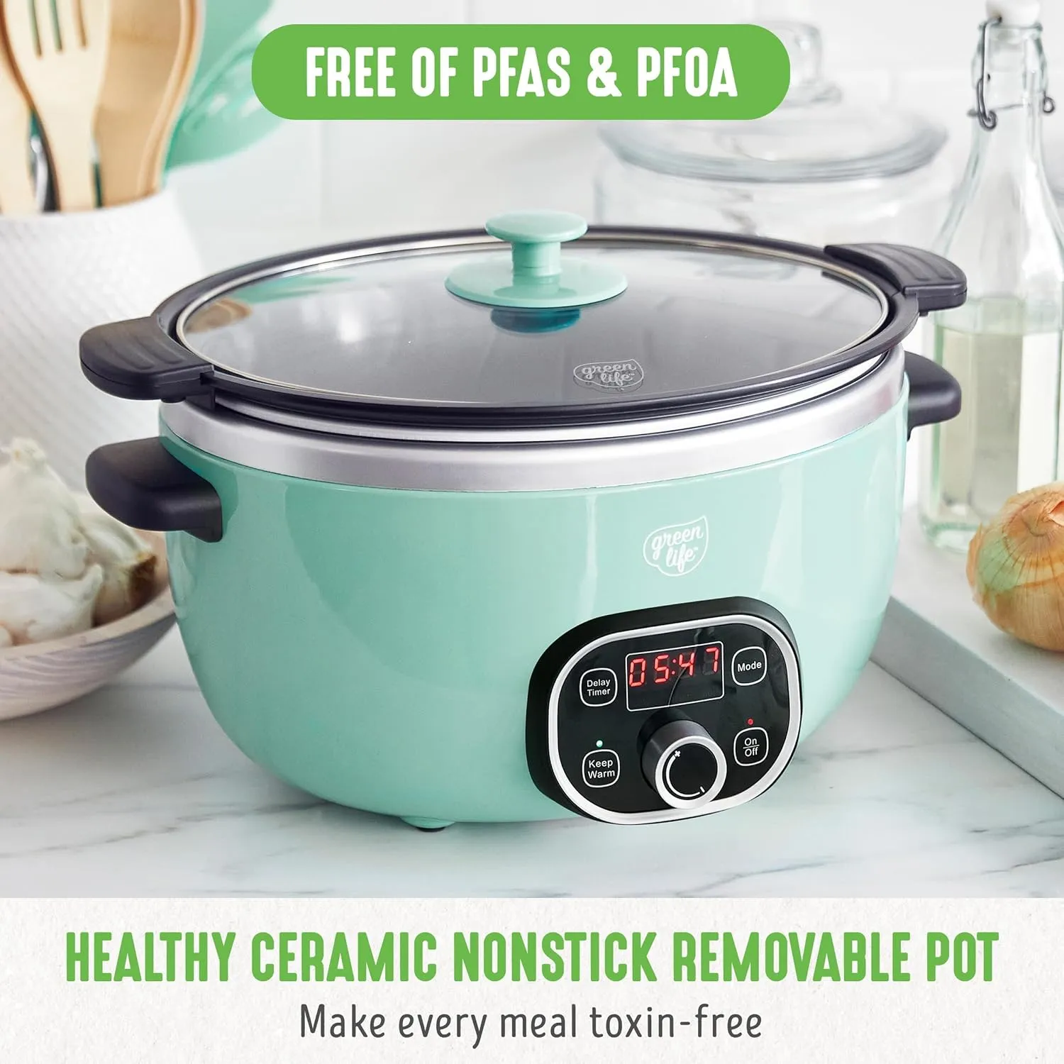 GreenLife 6 Quart Ceramic Slow Cooker, PFAS-Free, Programmable, Removable Healthy Nonstick Pot for Family Meals, Sear on Stovetop, Keep Warm, Digital Timer, Dishwasher Safe Glass Lid, Turquoise