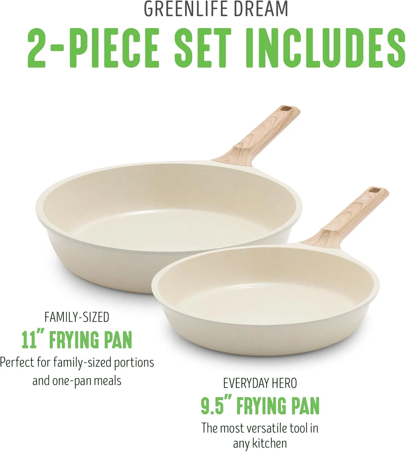 GreenLife Arte 2 Piece Frying Pan Set, Ceramic Nonstick 9.5" & 11" Skillets, Induction Suitable, Non Toxic PFOA & PFAS Free, Wood Print Handles, Dishwasher Safe, Speckled Cream