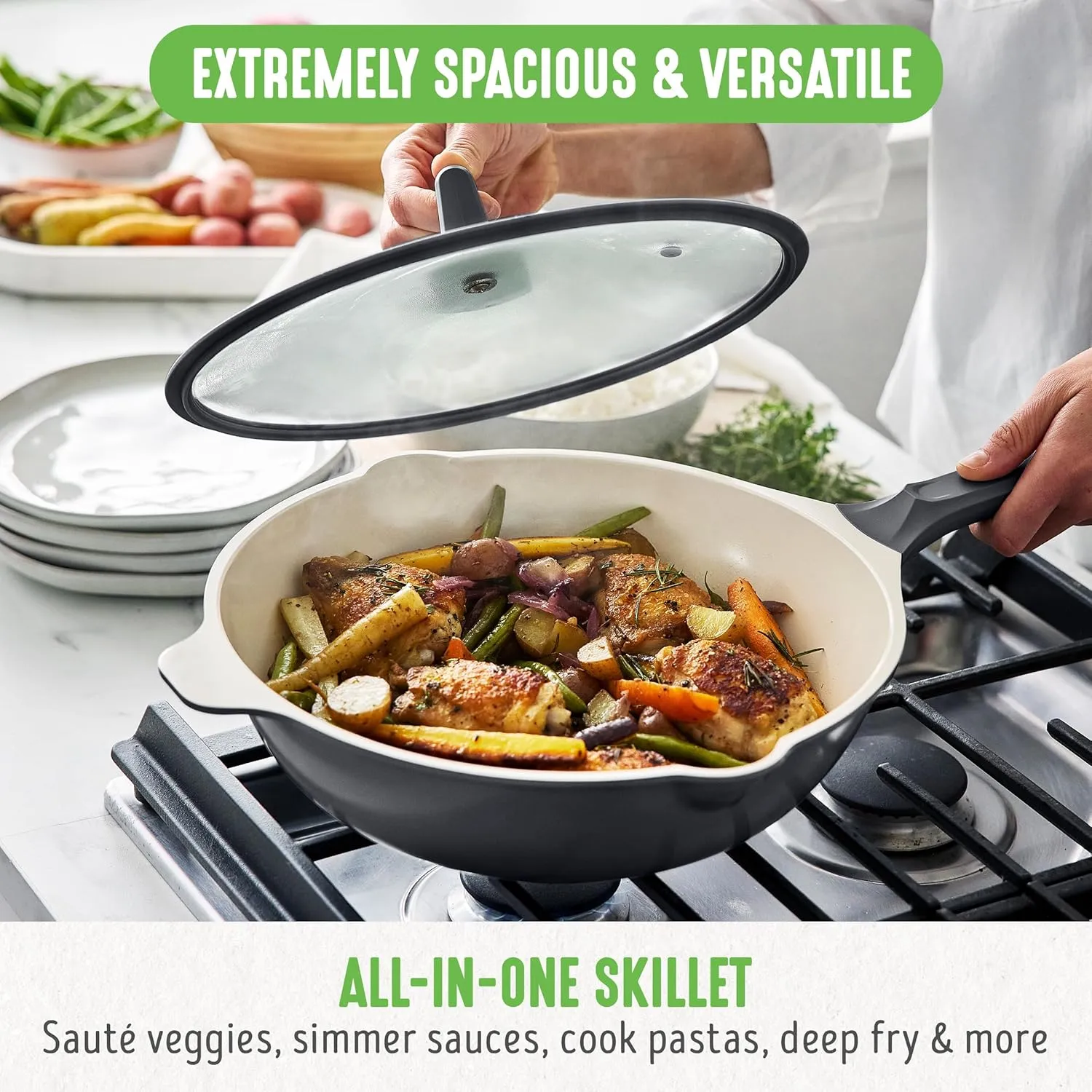 GreenLife Arte 5.1QT 12” Wok, Healthy Ceramic Nonstick, Induction Suitable, Non Toxic PFAS & PFOA-Free, All in One Multi-Purpose Cooking, Fry, Boil, Stay Cool Handles, Dishwasher Safe, Graphite