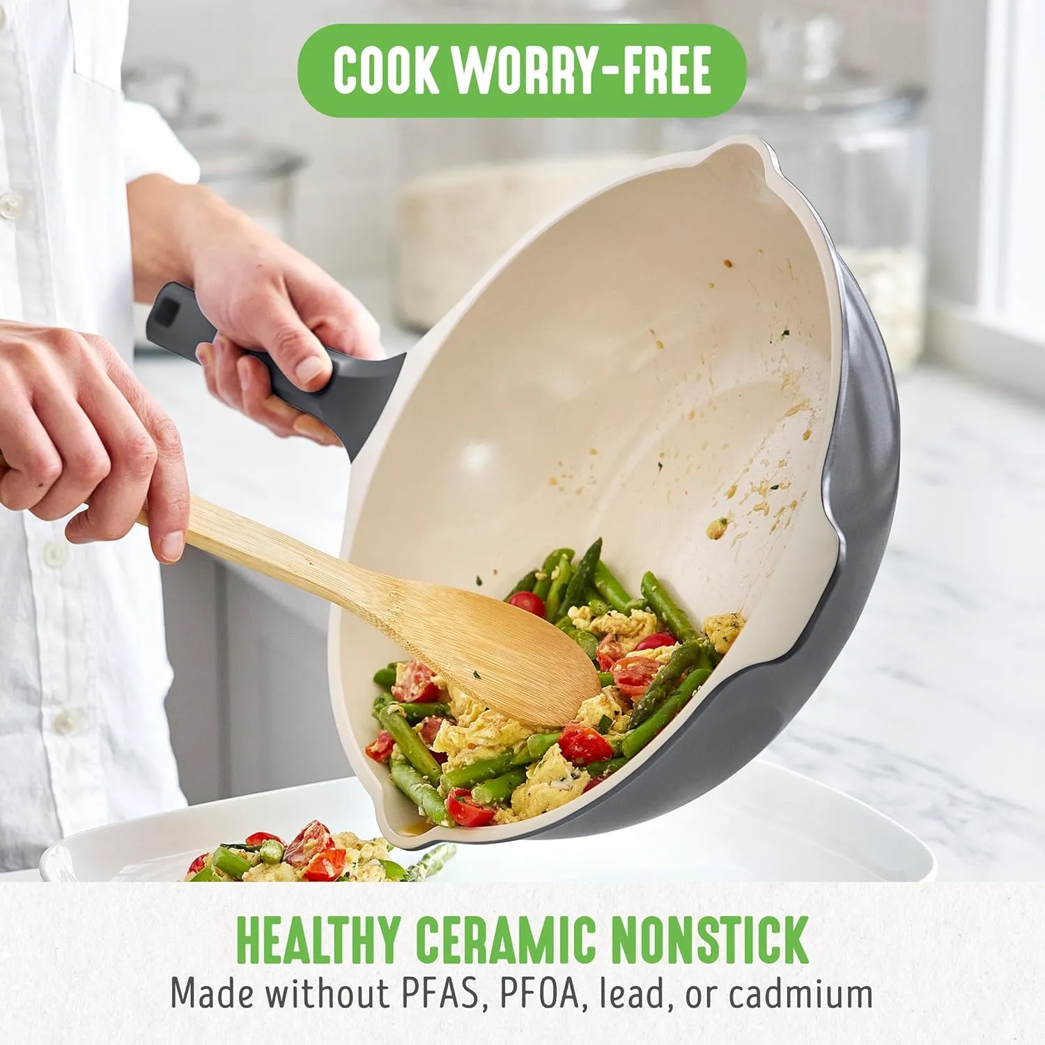 GreenLife Arte 5.1QT 12” Wok, Healthy Ceramic Nonstick, Induction Suitable, Non Toxic PFAS & PFOA-Free, All in One Multi-Purpose Cooking, Fry, Boil, Stay Cool Handles, Dishwasher Safe, Graphite
