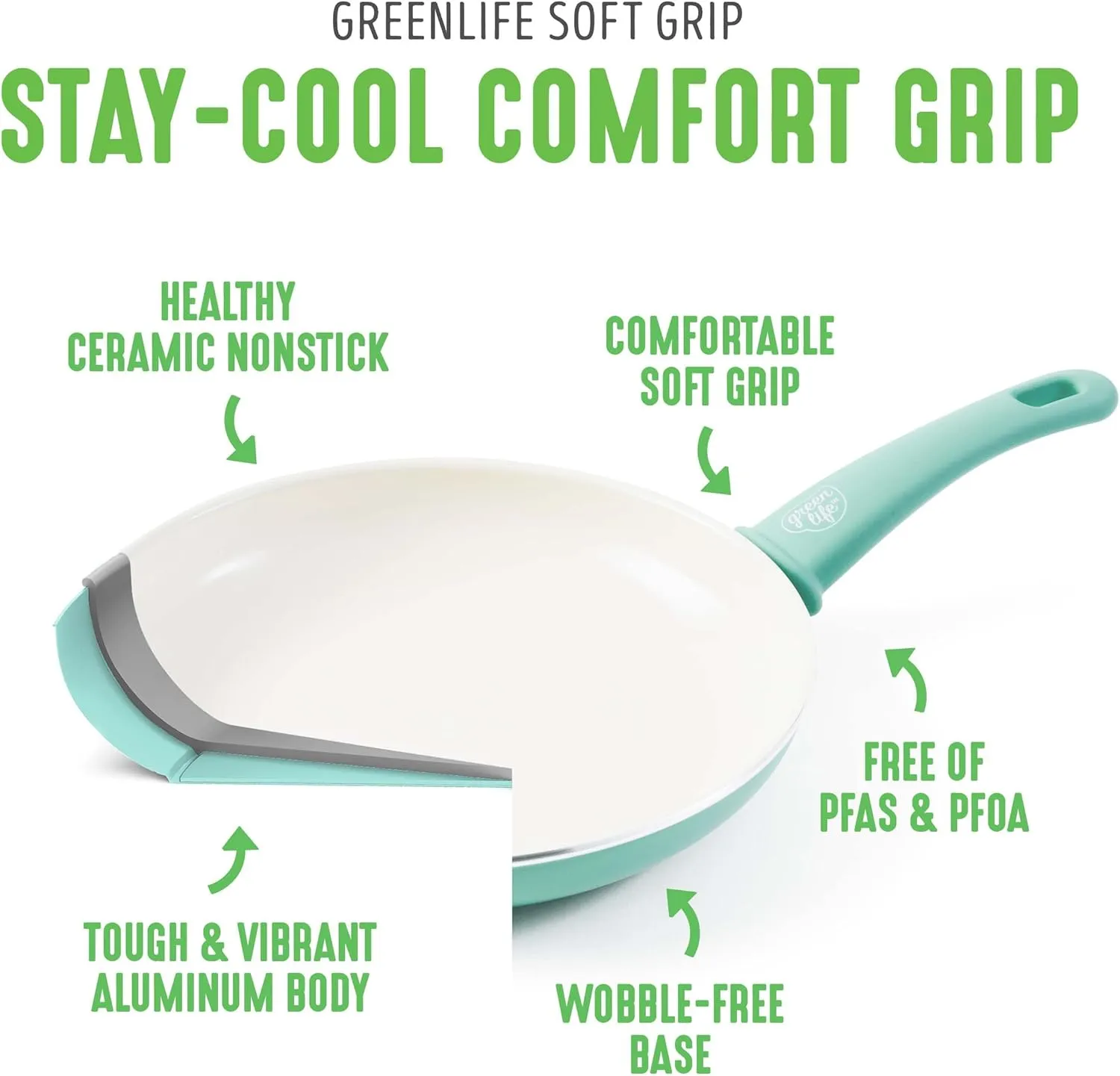 GreenLife Soft Grip Healthy Ceramic Nonstick, 12" Frying Pan Skillet with Lid, PFAS-Free, Dishwasher Safe, Turquoise
