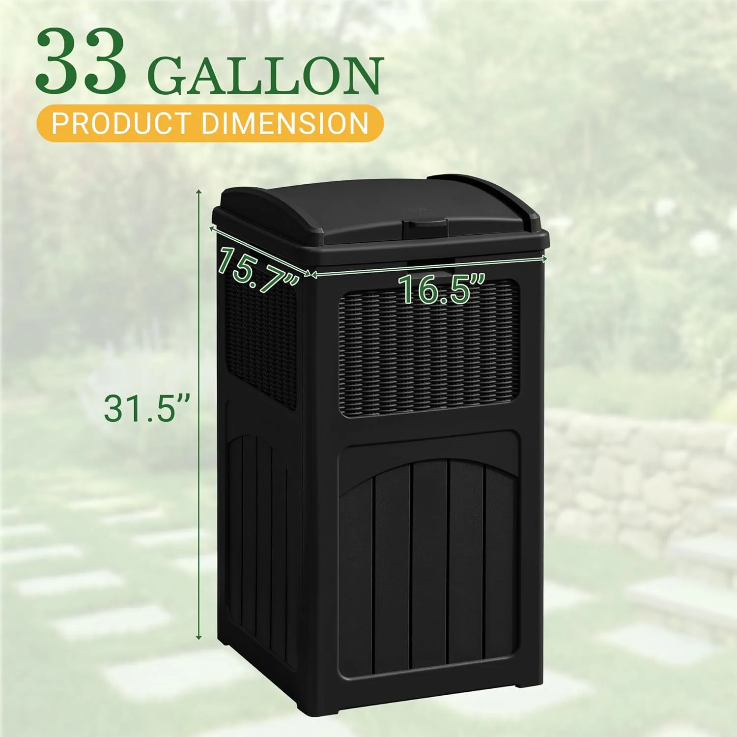 Greesum 33 Gallon Outdoor Trash Can with Lid, Waterproof Resin Garbage Bin for Hideaway, Deck, Patio, Dark Black