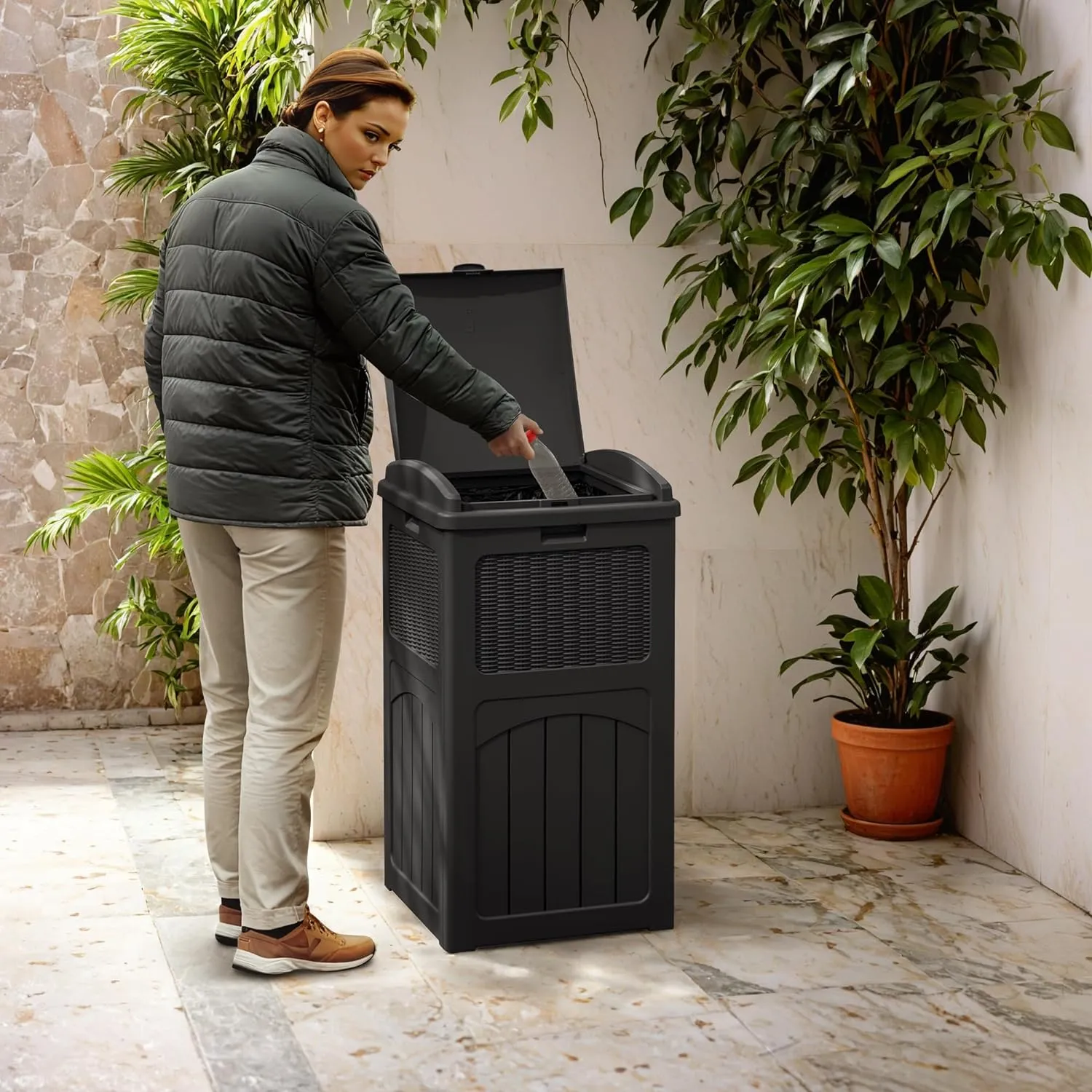 Greesum 33 Gallon Outdoor Trash Can with Lid, Waterproof Resin Garbage Bin for Hideaway, Deck, Patio, Dark Black