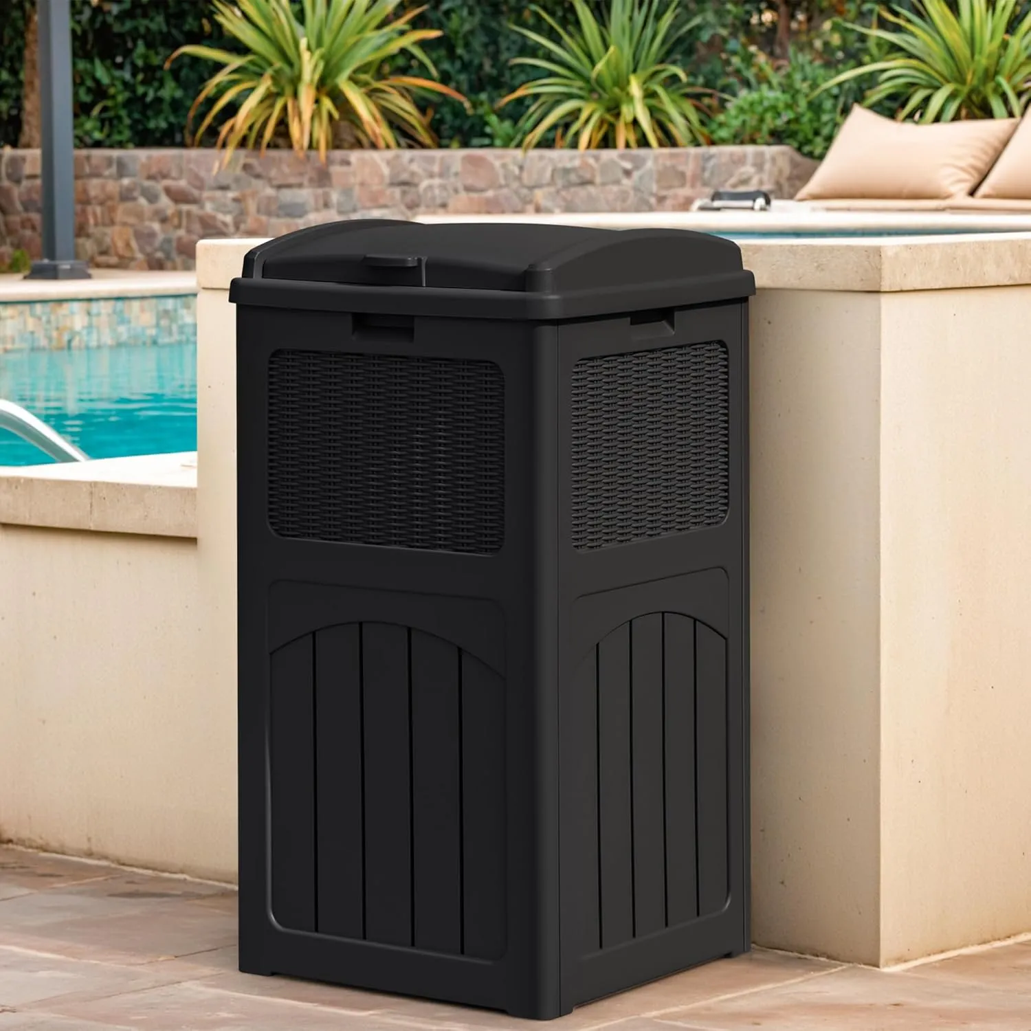 Greesum 33 Gallon Outdoor Trash Can with Lid, Waterproof Resin Garbage Bin for Hideaway, Deck, Patio, Dark Black