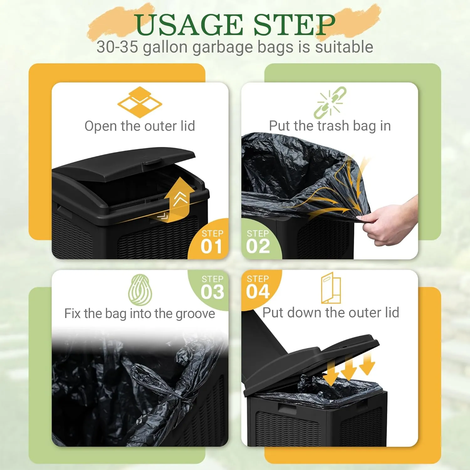 Greesum 33 Gallon Outdoor Trash Can with Lid, Waterproof Resin Garbage Bin for Hideaway, Deck, Patio, Dark Black