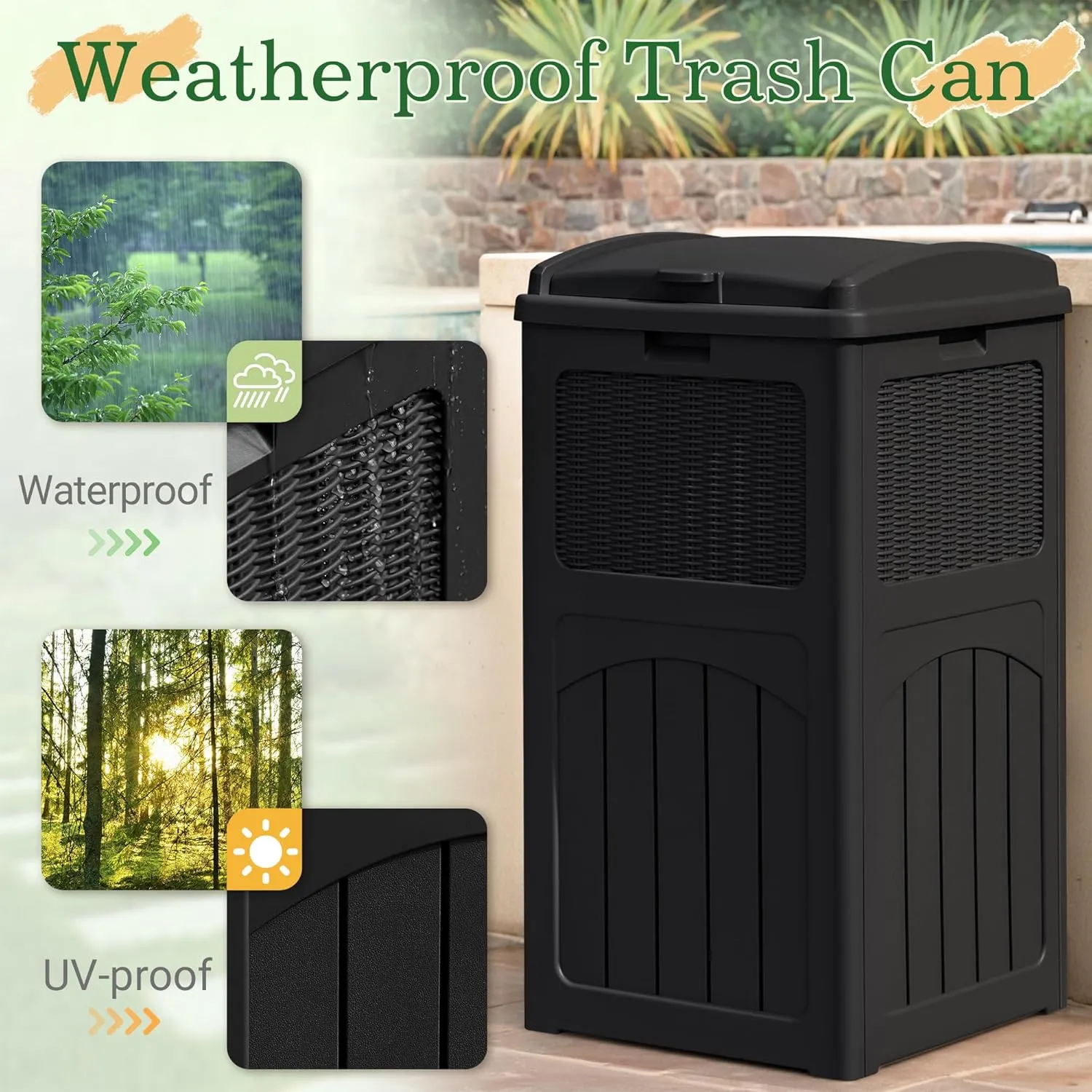 Greesum 33 Gallon Outdoor Trash Can with Lid, Waterproof Resin Garbage Bin for Hideaway, Deck, Patio, Dark Black