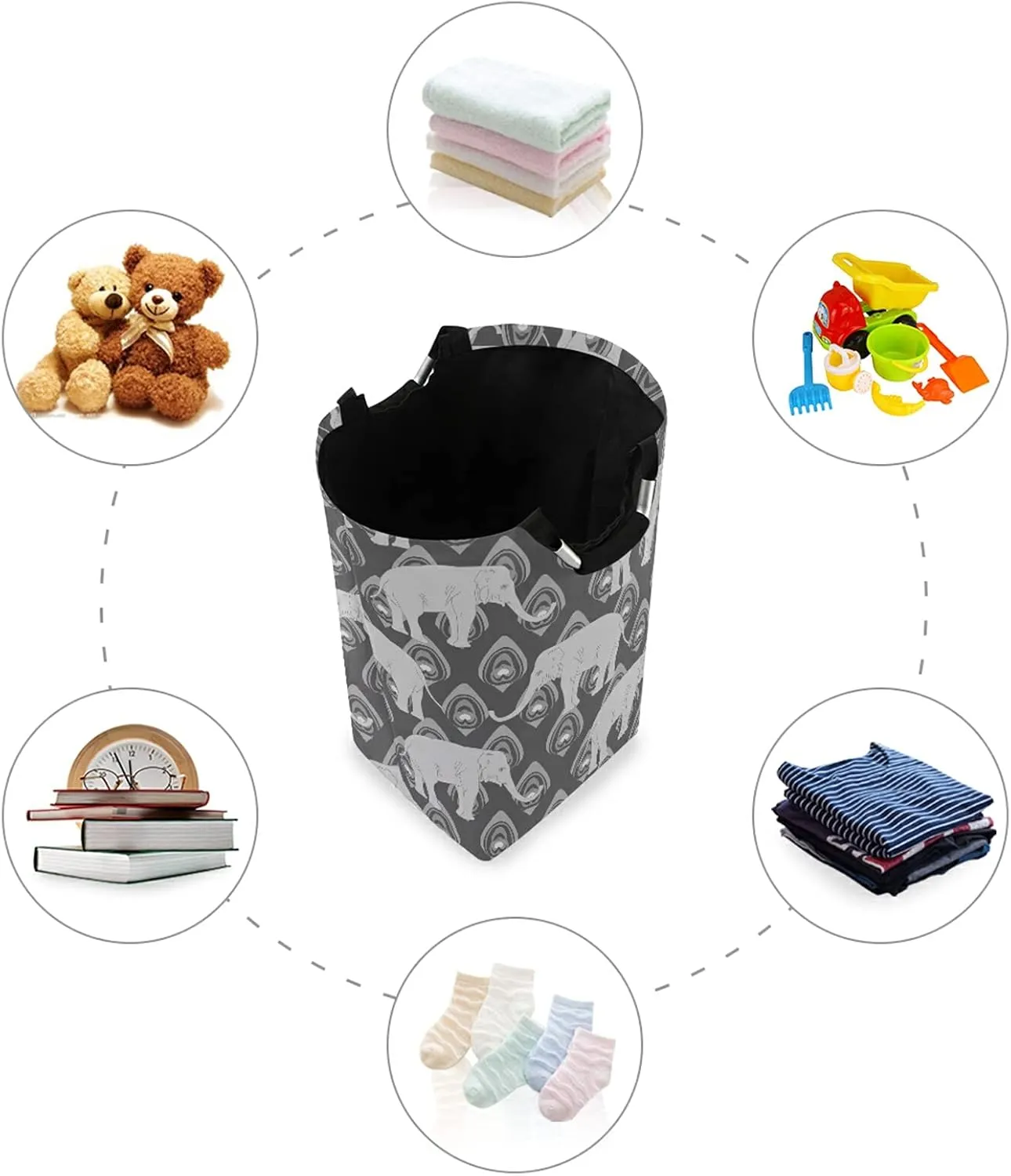 Grey Monochrome Tribal Ethnic Indian Elephant Peacock Feather Laundry Hamper Basket Bucket, Foldable Dirty Clothes Bag, Waterproof Fabric Washing Bin, Toy Storage with Handles for Bathroom