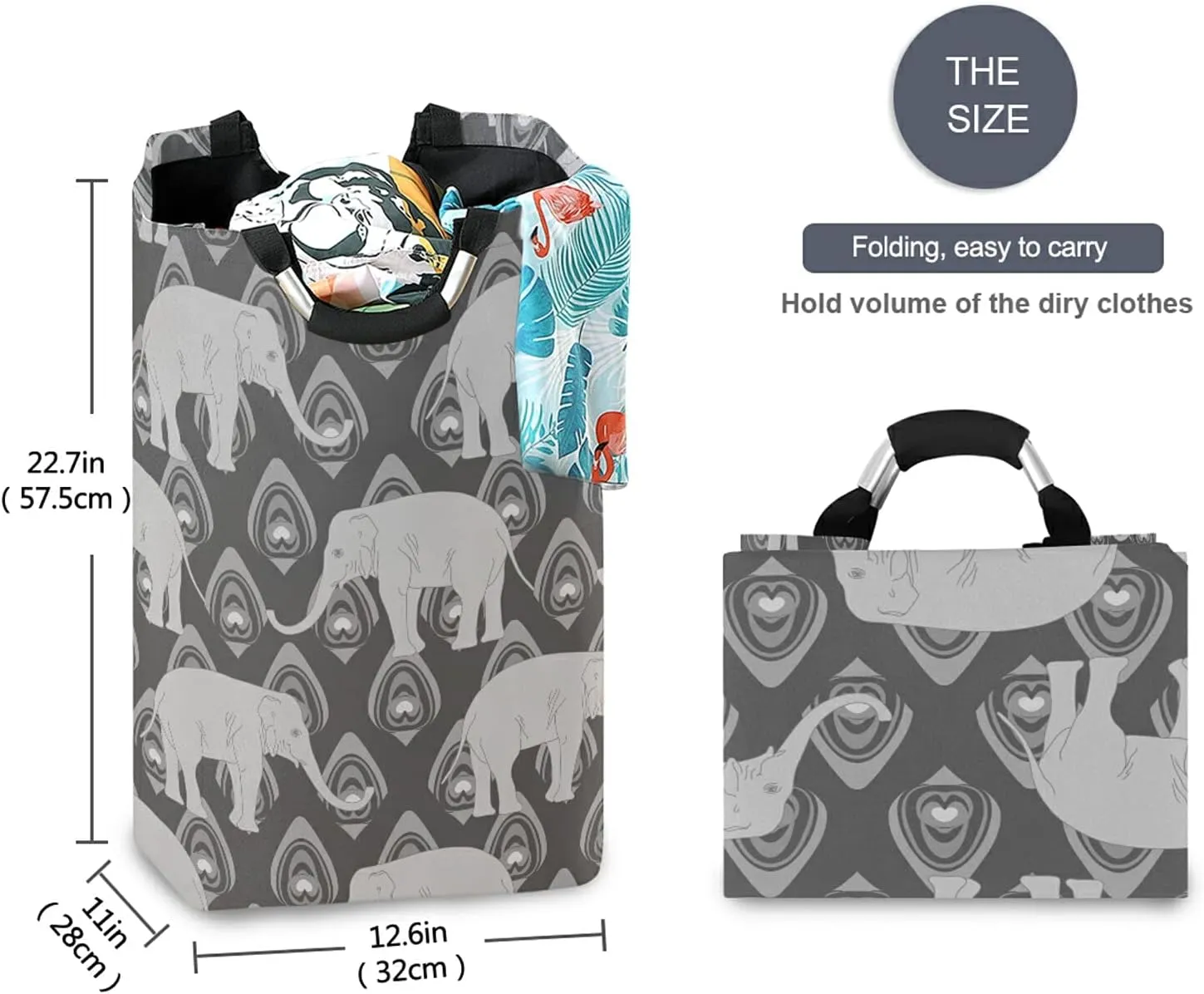 Grey Monochrome Tribal Ethnic Indian Elephant Peacock Feather Laundry Hamper Basket Bucket, Foldable Dirty Clothes Bag, Waterproof Fabric Washing Bin, Toy Storage with Handles for Bathroom