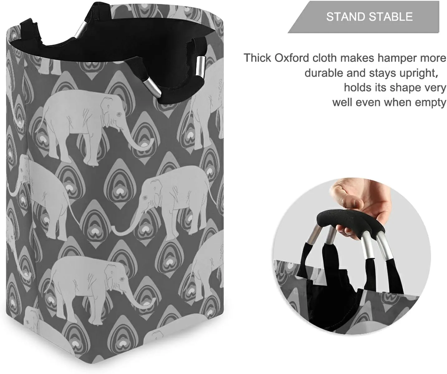 Grey Monochrome Tribal Ethnic Indian Elephant Peacock Feather Laundry Hamper Basket Bucket, Foldable Dirty Clothes Bag, Waterproof Fabric Washing Bin, Toy Storage with Handles for Bathroom