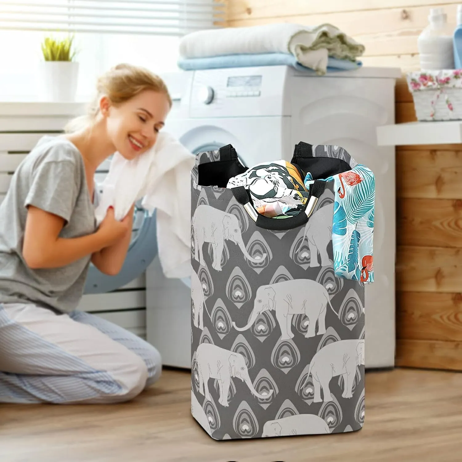 Grey Monochrome Tribal Ethnic Indian Elephant Peacock Feather Laundry Hamper Basket Bucket, Foldable Dirty Clothes Bag, Waterproof Fabric Washing Bin, Toy Storage with Handles for Bathroom