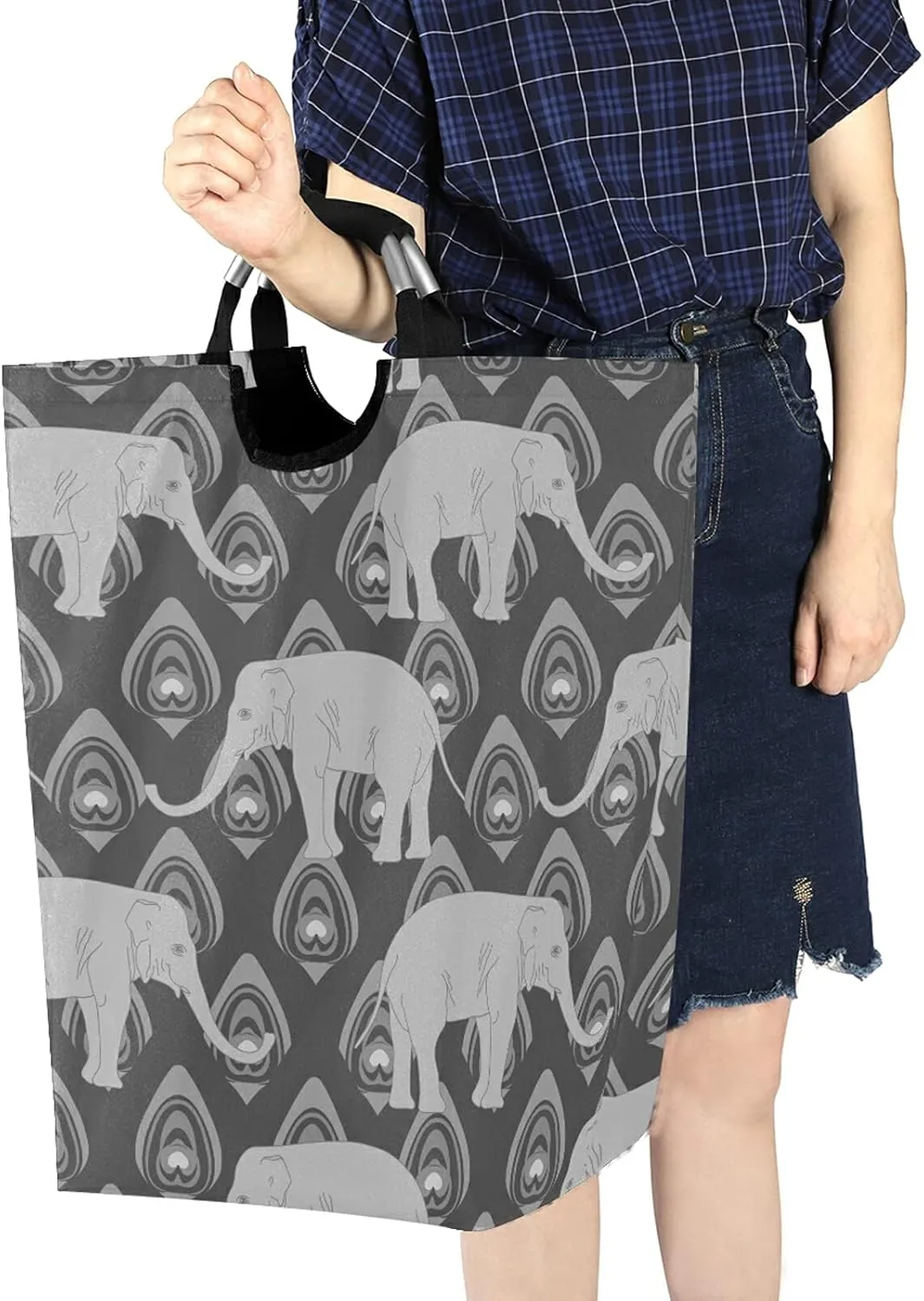 Grey Monochrome Tribal Ethnic Indian Elephant Peacock Feather Laundry Hamper Basket Bucket, Foldable Dirty Clothes Bag, Waterproof Fabric Washing Bin, Toy Storage with Handles for Bathroom