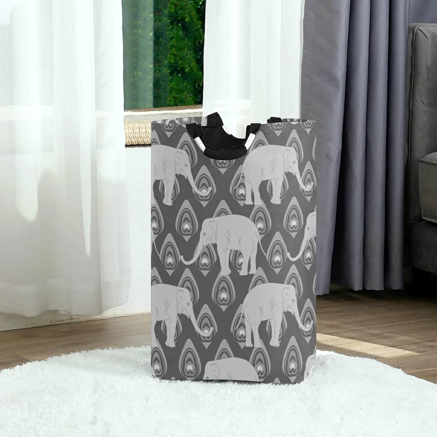 Grey Monochrome Tribal Ethnic Indian Elephant Peacock Feather Laundry Hamper Basket Bucket, Foldable Dirty Clothes Bag, Waterproof Fabric Washing Bin, Toy Storage with Handles for Bathroom