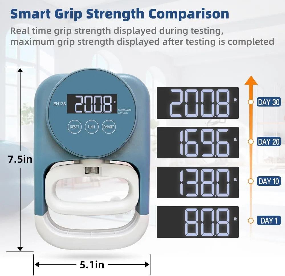 Grip Strength Trainer Hand Gripper - Grip Strength Tester Hand Dynamometer Handheld Meter LED Display Comfortable 265 Lbs / 120 Kgs Finger Strengthener for Sports Home School Gym Use