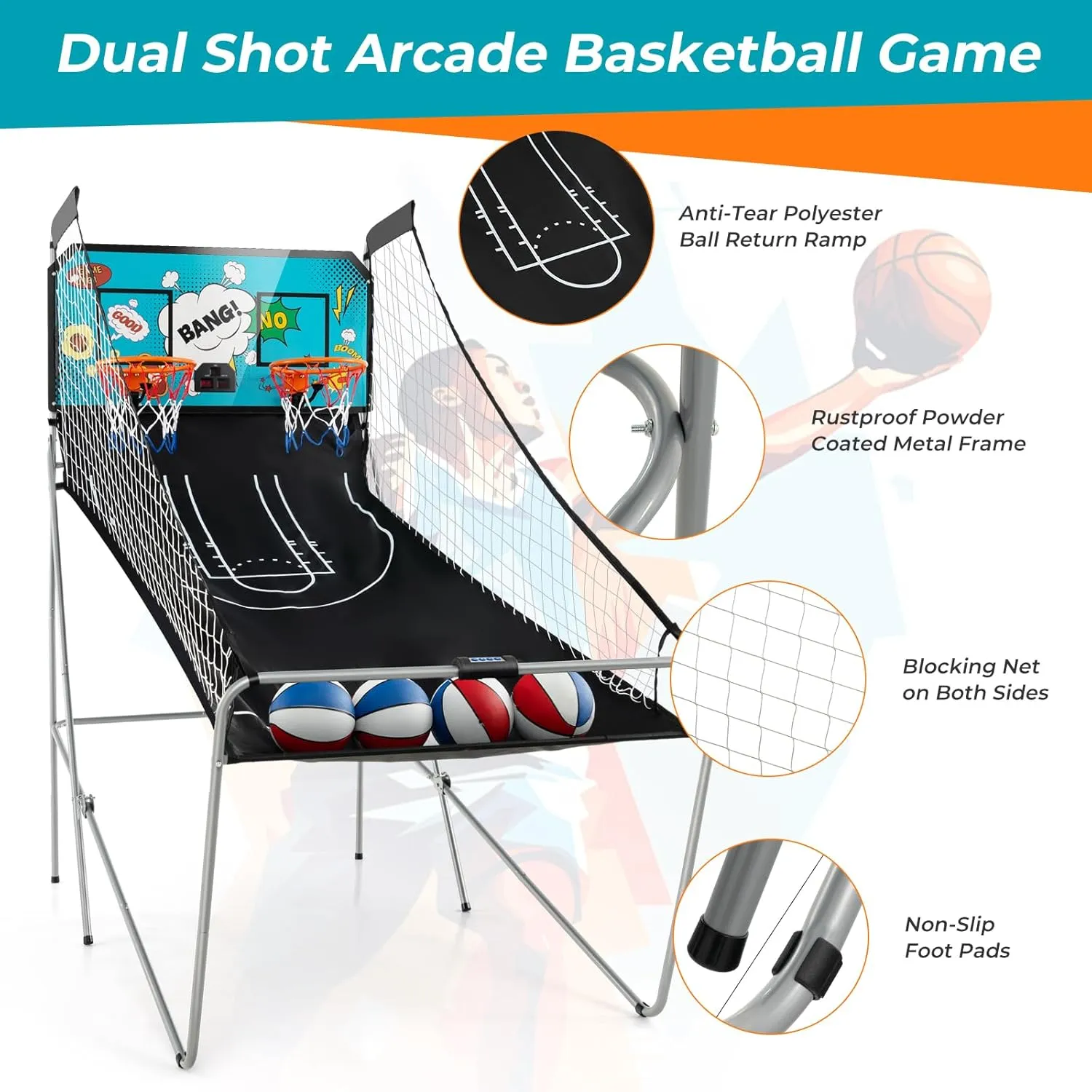 GYMAX Arcade Basketball Game Indoor Foldable with 8 Game Modes, Arcade Sound, 4 Balls and Inflation Pump, Electronic Basketball Games for All Ages Home