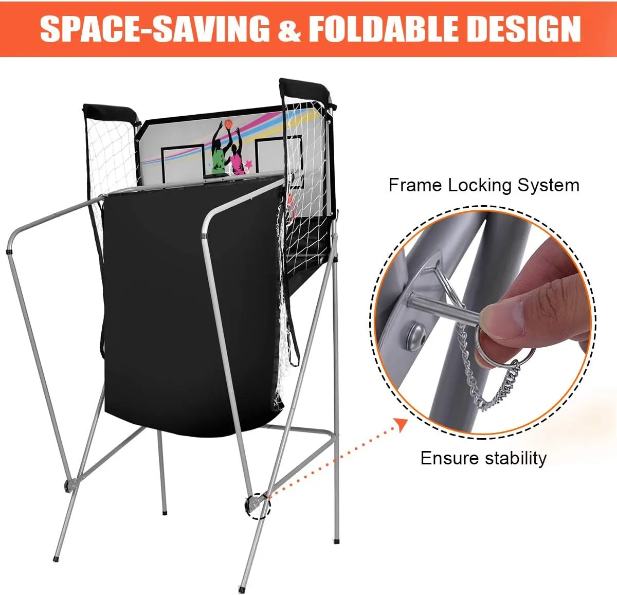 GYMAX Arcade Basketball Game Indoor Foldable with 8 Game Modes, Arcade Sound, 4 Balls and Inflation Pump, Electronic Basketball Games for All Ages Home