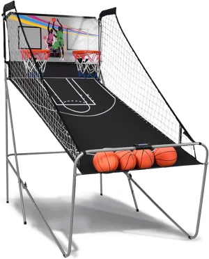 GYMAX Arcade Basketball Game Indoor Foldable with 8 Game Modes, Arcade Sound, 4 Balls and Inflation Pump, Electronic Basketball Games for All Ages Home
