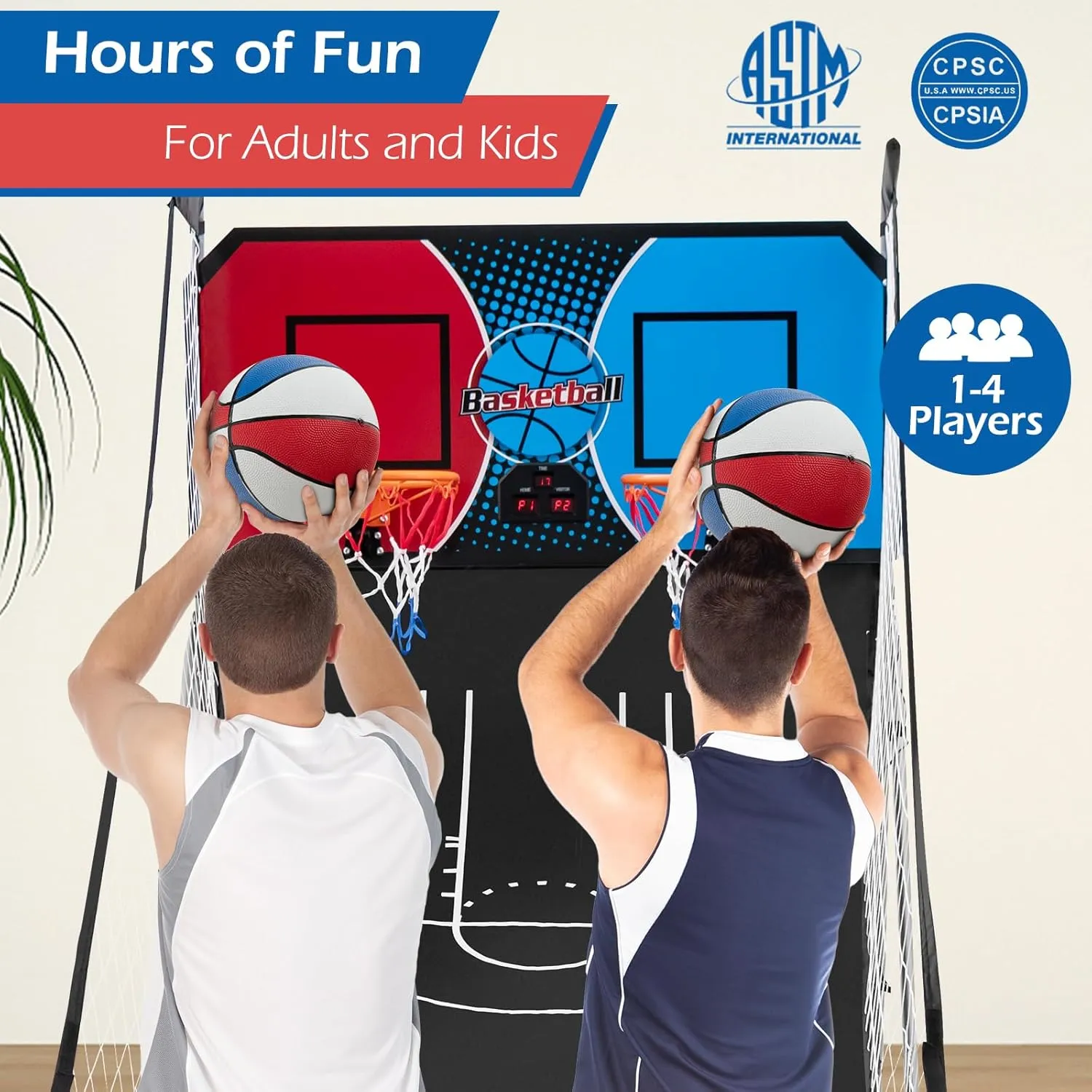 GYMAX Arcade Basketball Game Indoor Foldable with 8 Game Modes, Arcade Sound, 4 Balls and Inflation Pump, Electronic Basketball Games for All Ages Home