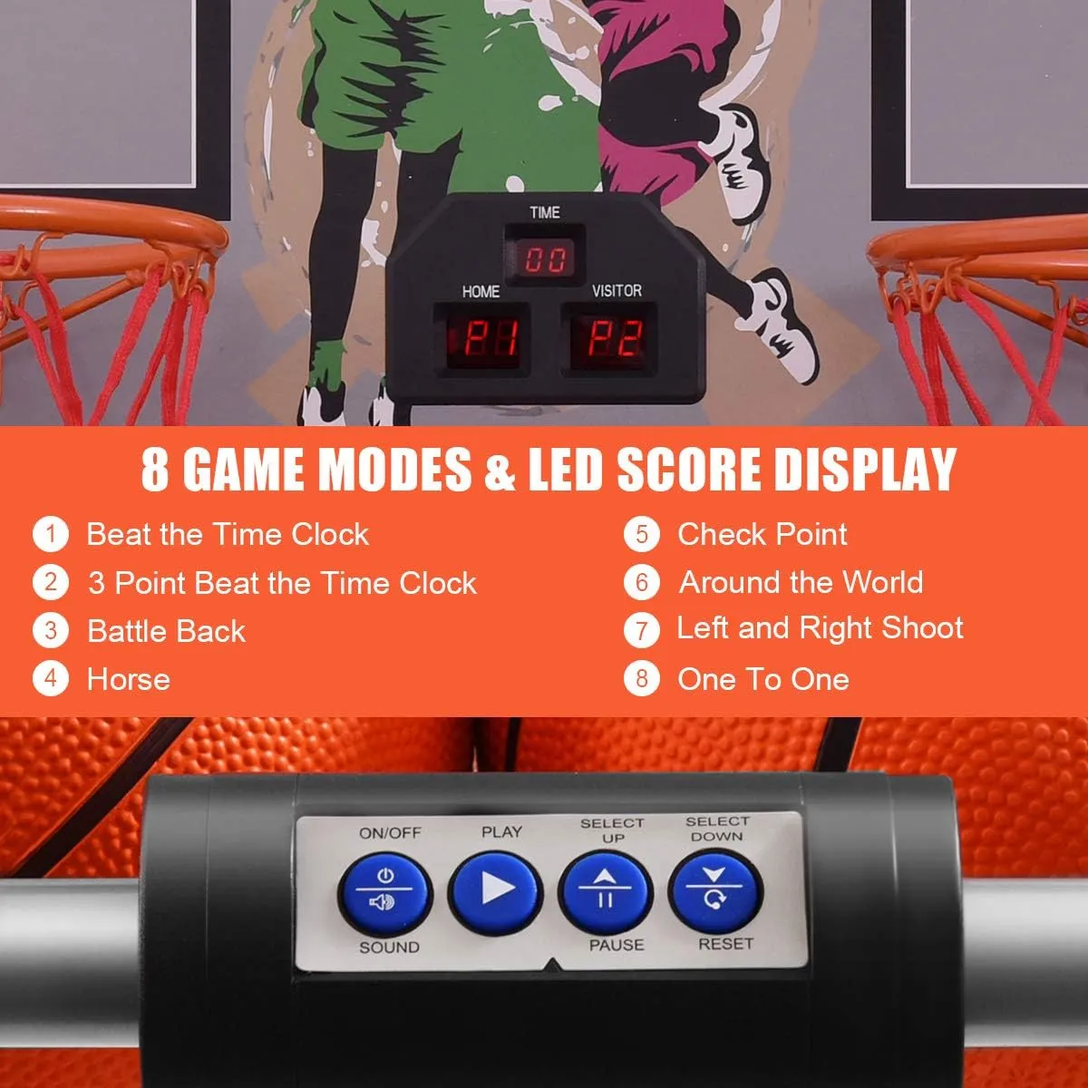 GYMAX Arcade Basketball Game Indoor Foldable with 8 Game Modes, Arcade Sound, 4 Balls and Inflation Pump, Electronic Basketball Games for All Ages Home