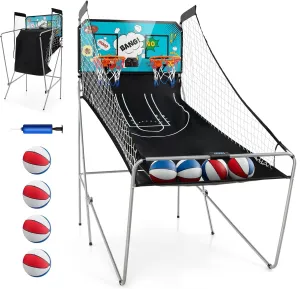 GYMAX Arcade Basketball Game Indoor Foldable with 8 Game Modes, Arcade Sound, 4 Balls and Inflation Pump, Electronic Basketball Games for All Ages Home