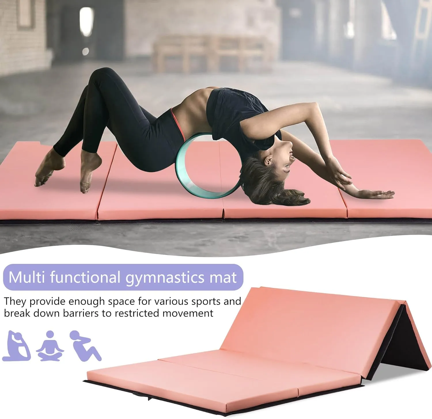 Gymnastics Tumbling Mats Portable Gymnastics Mat Foldable Tumbling Mat Thick PU Leather Exercise Mat Yoga Mat with Carrying Handles for home Workout outdoor Yoga Gymnastics