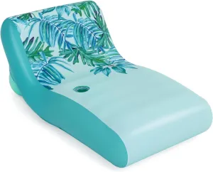 H2OGO! Blissful Drifter Fabric Lounge - 69" x 42", Blue-Yellow Tropical Pattern, Inflatable Pool-Water Float, Removable Washable UPF Cover, Cup Holder