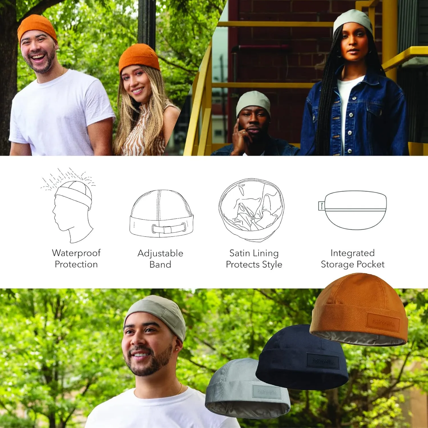 Hairbrella Brimless Docker Rain Hat for Men, Beanie, Satin-Lined Cap, Adjustable, Unisex Waterproof Hat, Cuff