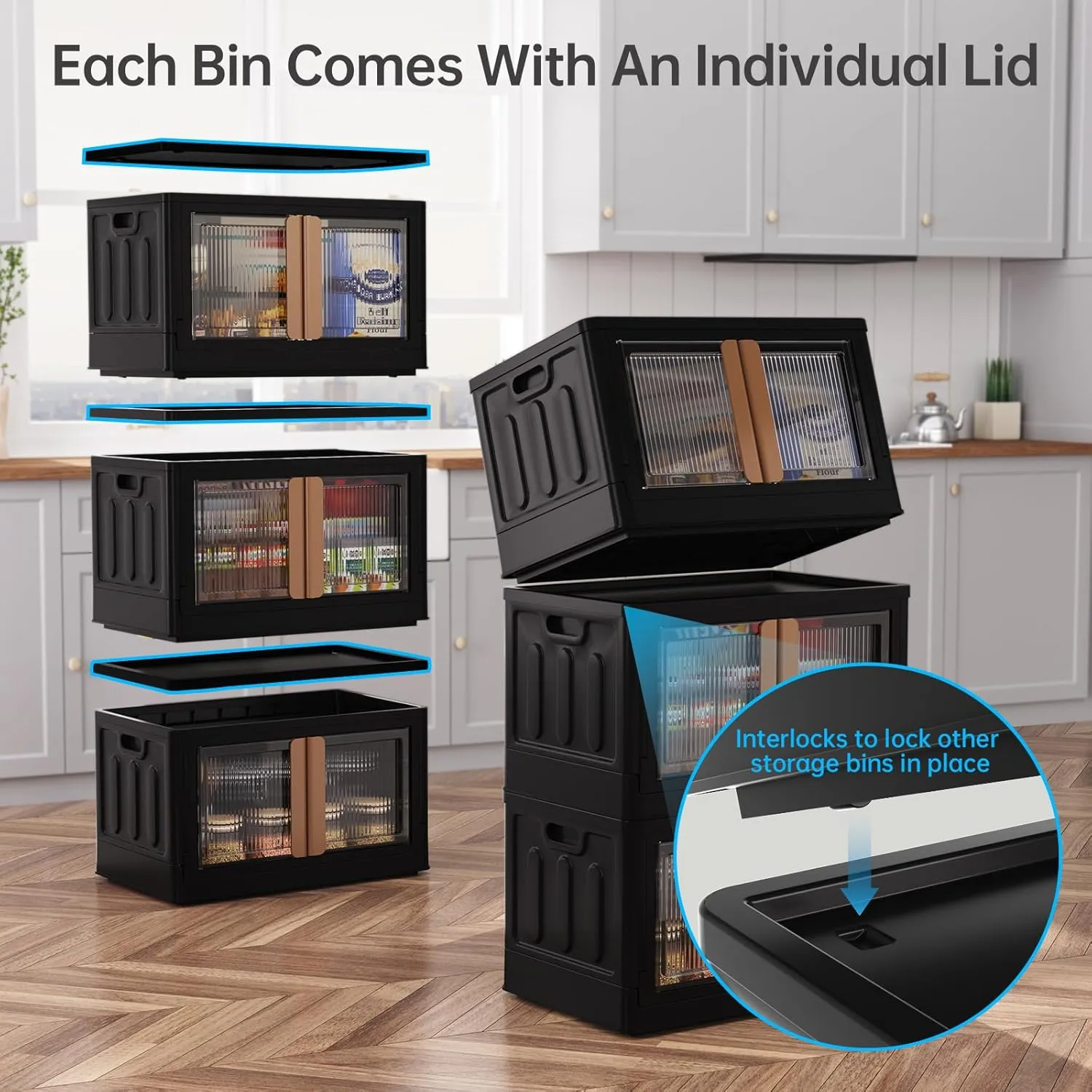 HAIXIN Storage Bins with 3 Lids - 19 Gal Stackable Organizer Box with Dual Opening Door Collapsible Closet Organization Plastic Black Storage Cabinet for Garage Laundry Room Camping, 3 Pack