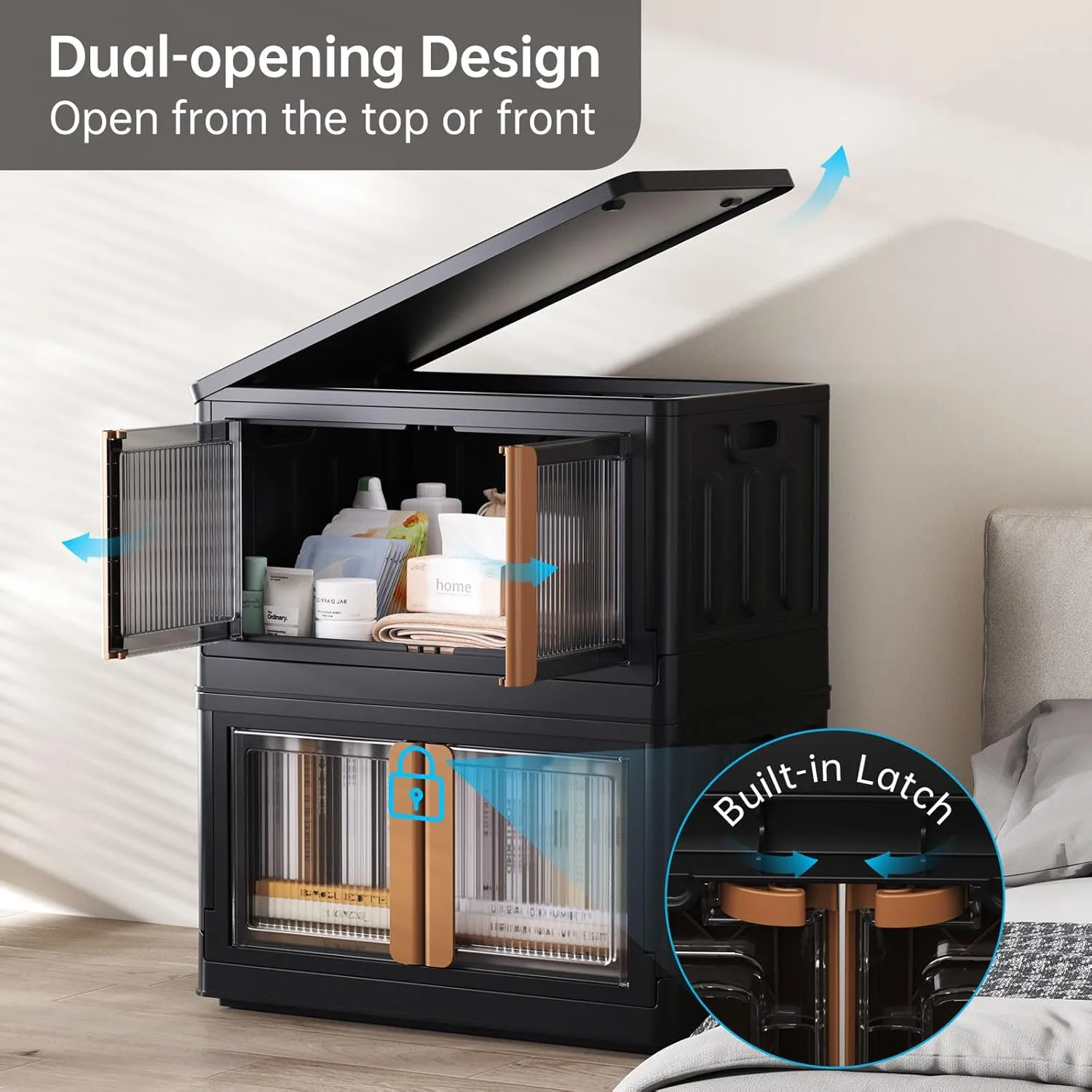 HAIXIN Storage Bins with 3 Lids - 19 Gal Stackable Organizer Box with Dual Opening Door Collapsible Closet Organization Plastic Black Storage Cabinet for Garage Laundry Room Camping, 3 Pack