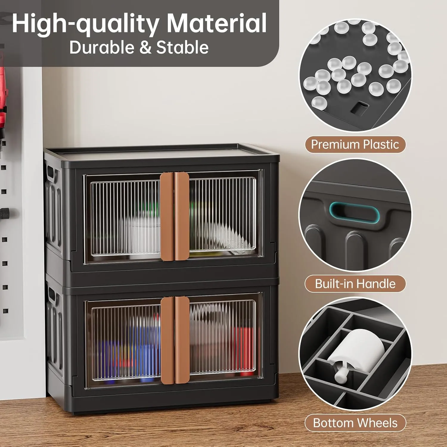 HAIXIN Storage Bins with 3 Lids - 19 Gal Stackable Organizer Box with Dual Opening Door Collapsible Closet Organization Plastic Black Storage Cabinet for Garage Laundry Room Camping, 3 Pack